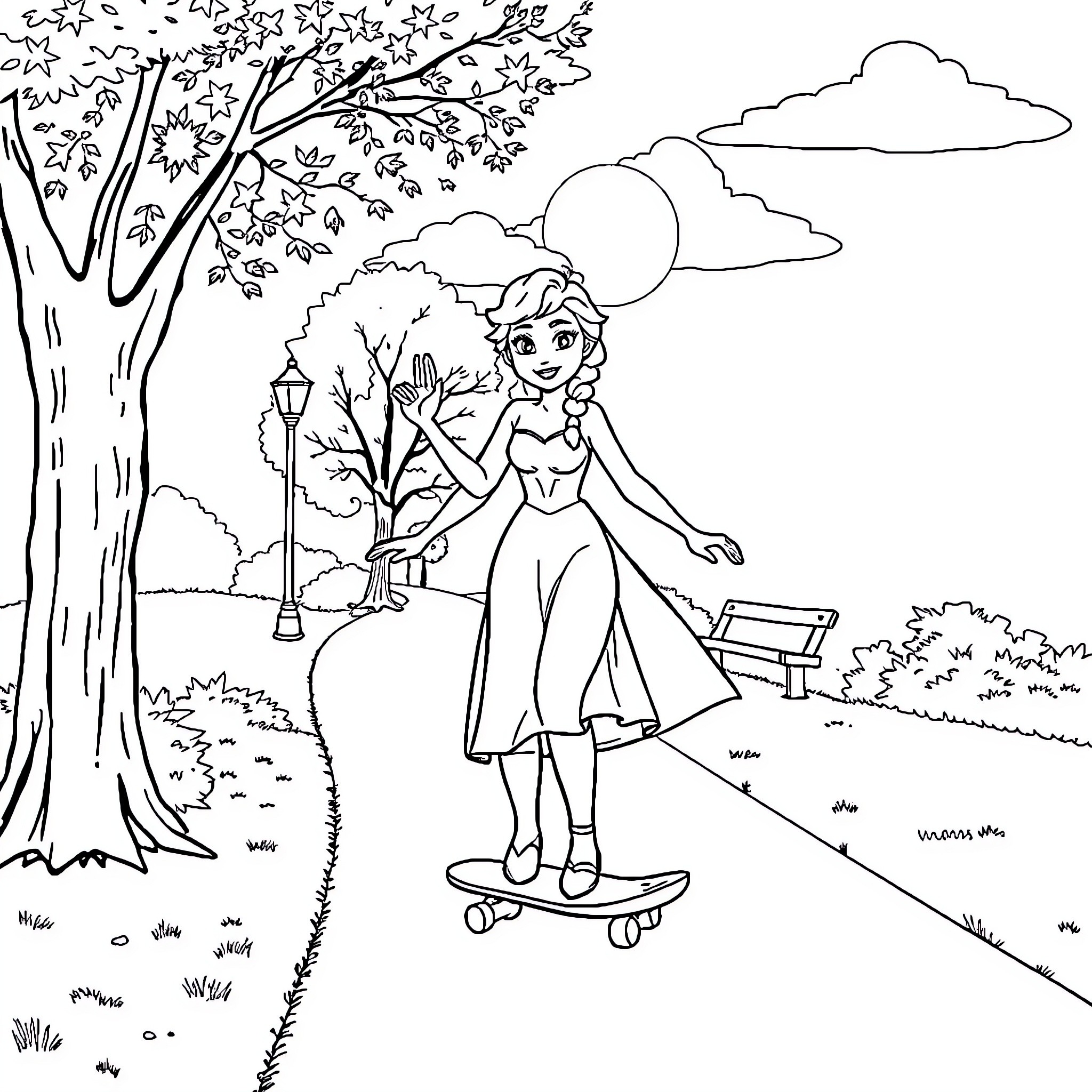 Elsa enjoying a peaceful stroll in the park Coloring Page (free black-and-white line drawing printable PDF for all, from beginners to advanced learners, including children, teens, adults, and seniors)