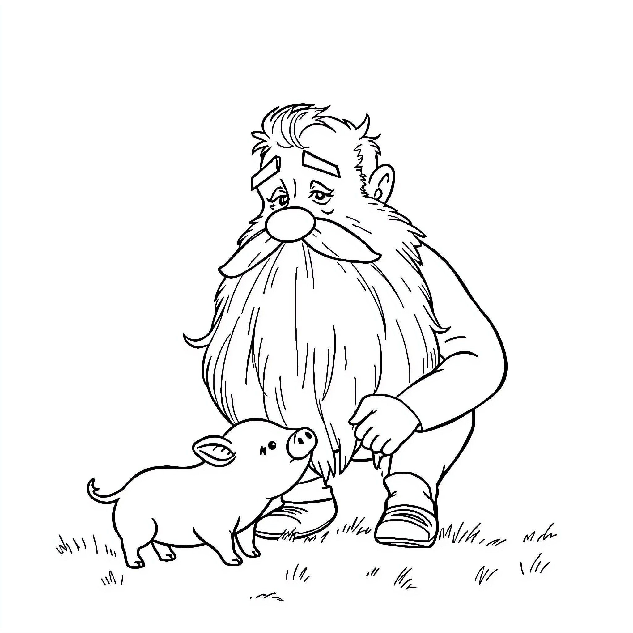 Homme Ours petting small animal in outdoor setting Coloring Page (free black-and-white line drawing printable PDF for all, from beginners to advanced learners, including children, teens, adults, and seniors)
