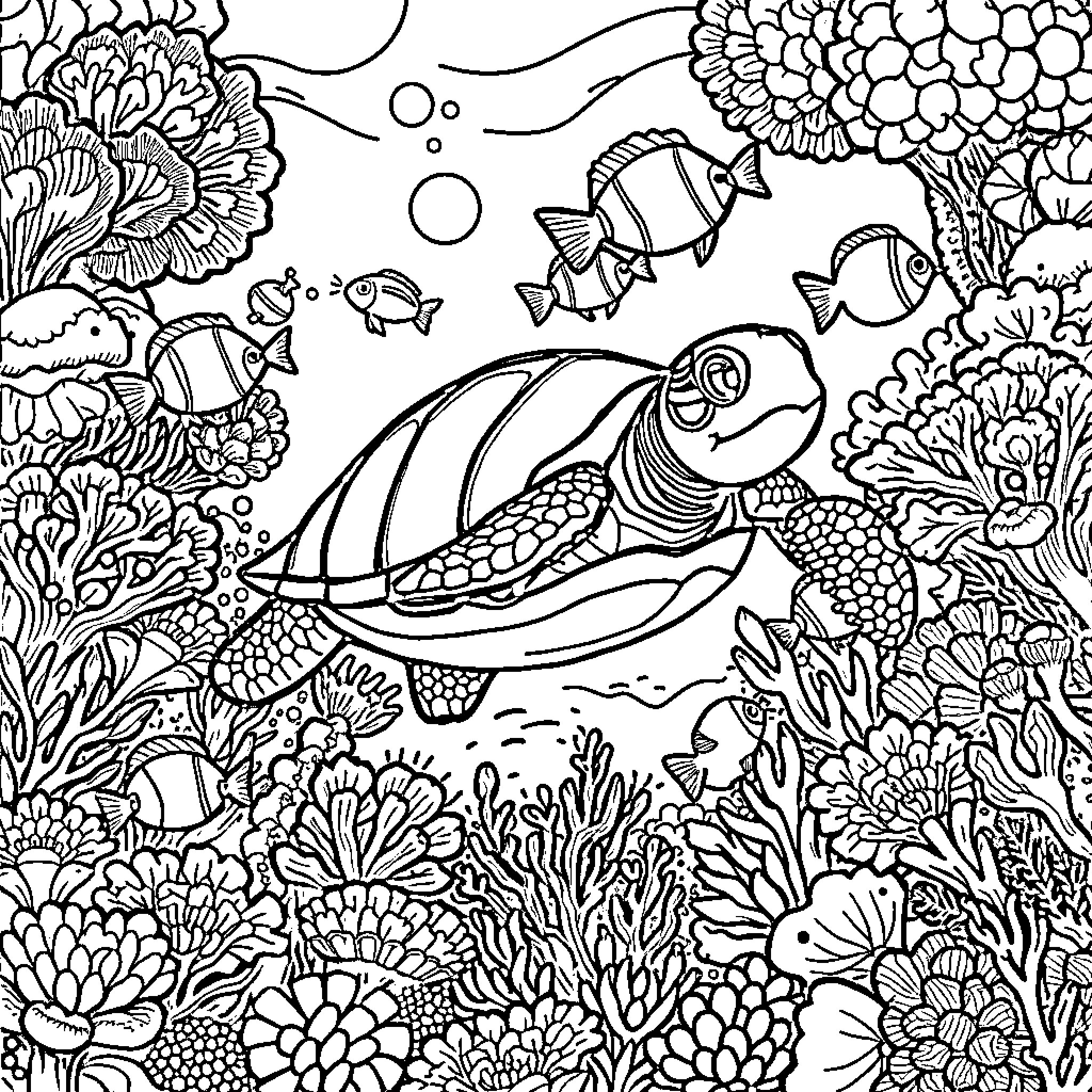 Turtle swimming among colorful coral reefs and fishes Coloring Page (free black-and-white line drawing printable PDF for all, from beginners to advanced learners, including children, teens, adults, and seniors)
