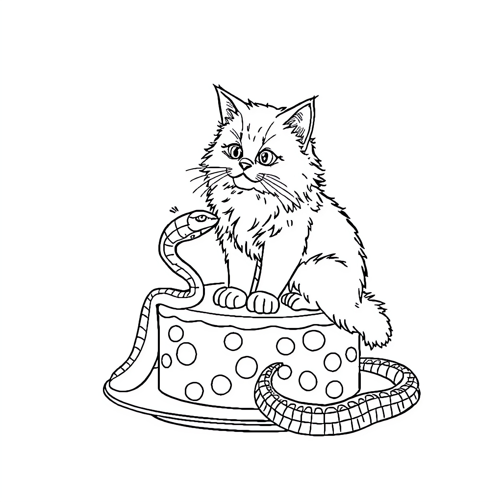 Cat sitting on a polka dot cake Coloring Page (free black-and-white line drawing printable PDF for all, from beginners to advanced learners, including children, teens, adults, and seniors)