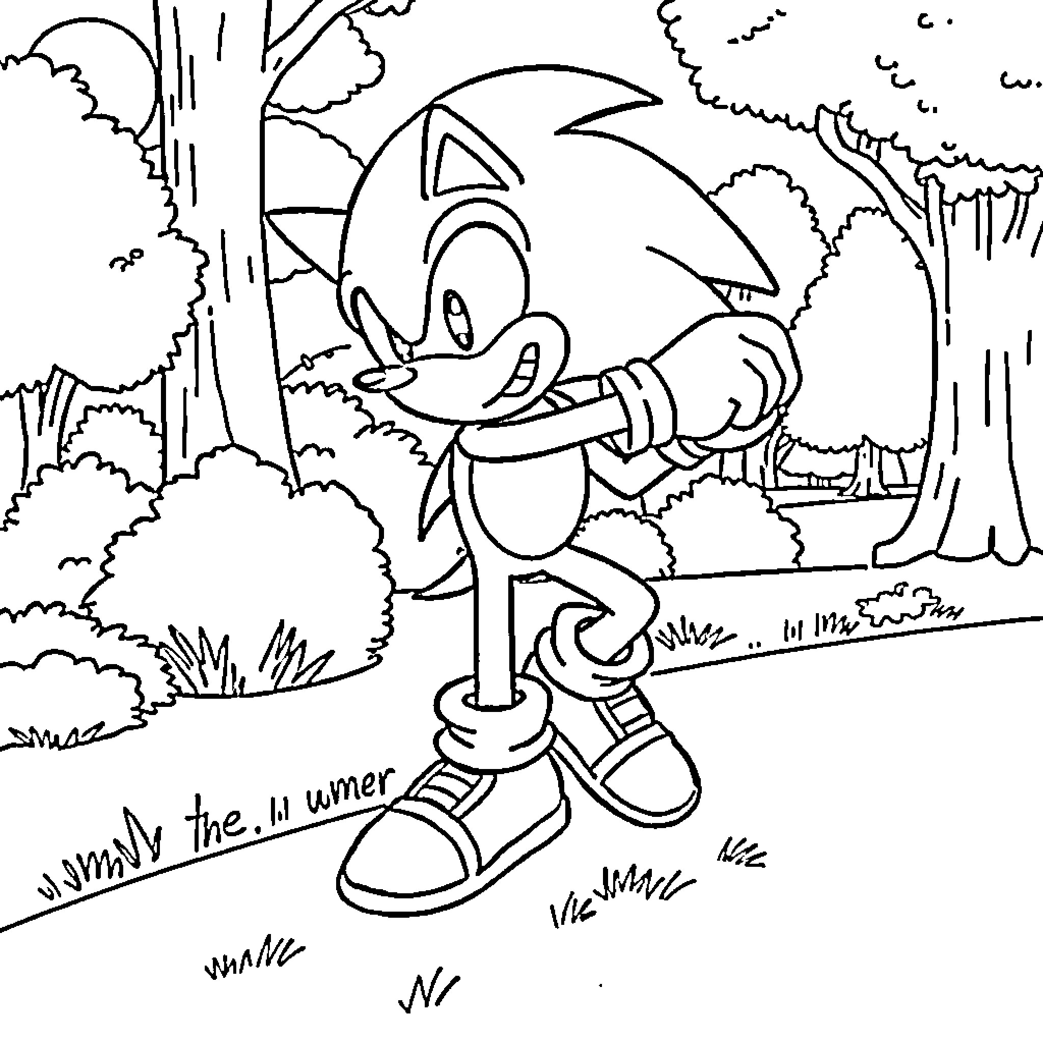 Sonic the Hedgehog exploring the forest landscape Coloring Page (free black-and-white line drawing printable PDF for all, from beginners to advanced learners, including children, teens, adults, and seniors)