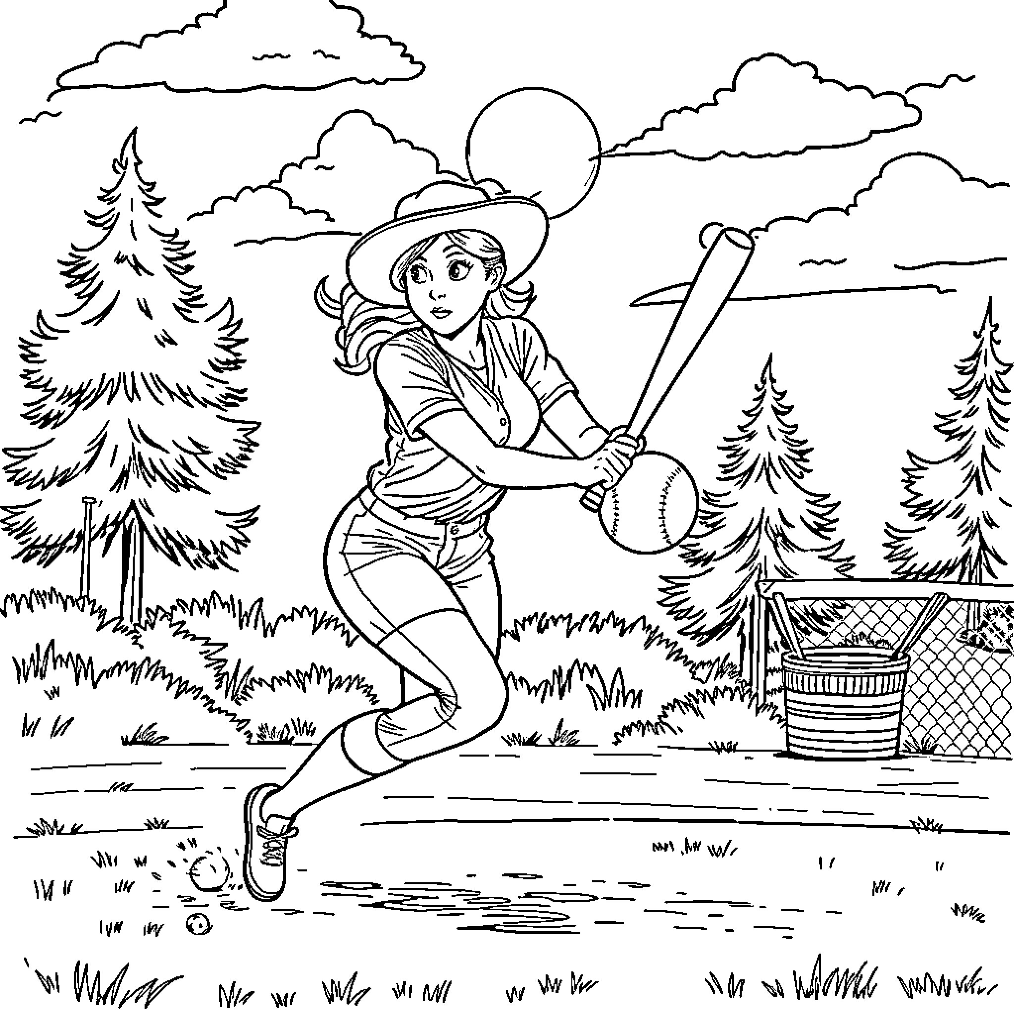 Pioneer Girl Playing Softball in the Forest Coloring Page (free black-and-white line drawing printable PDF for all, from beginners to advanced learners, including children, teens, adults, and seniors)