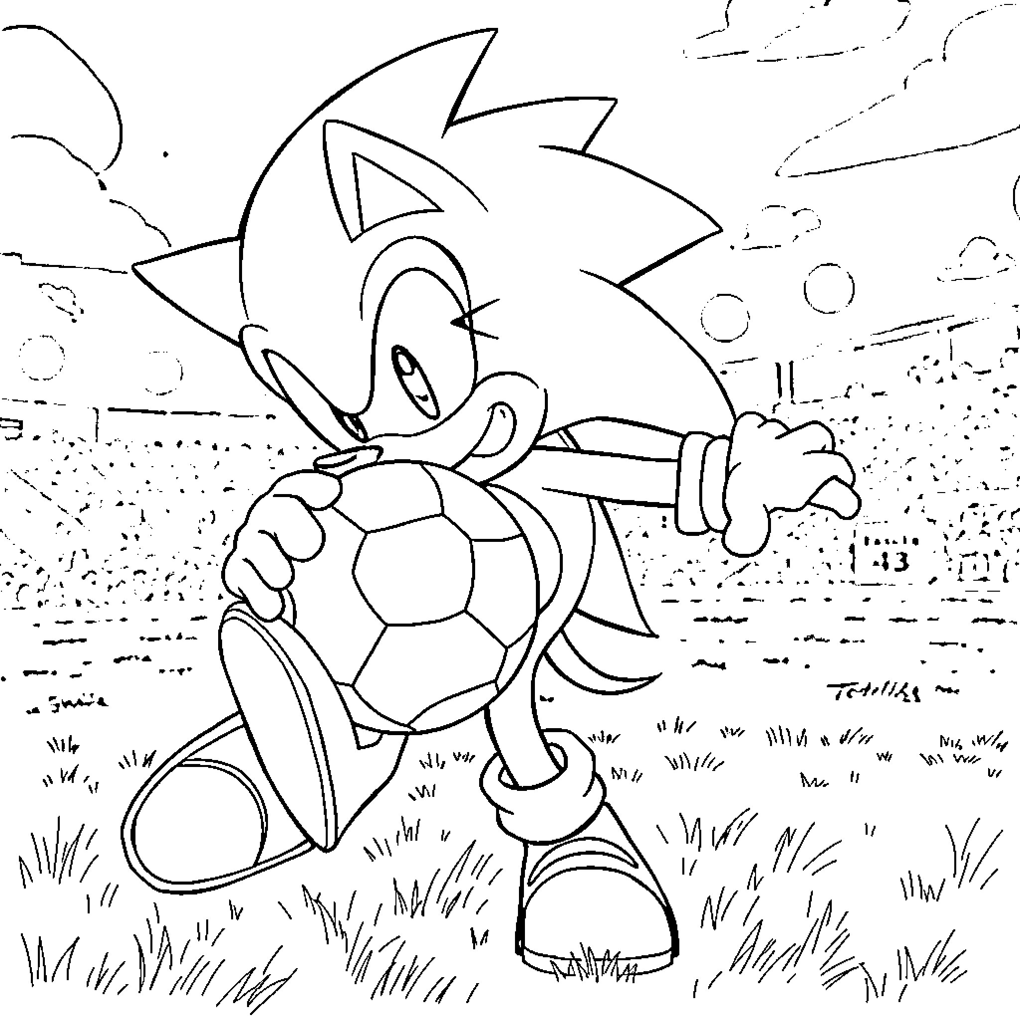 Tsubasa playing with soccer ball on grassy field Coloring Page (free black-and-white line drawing printable PDF for all, from beginners to advanced learners, including children, teens, adults, and seniors)