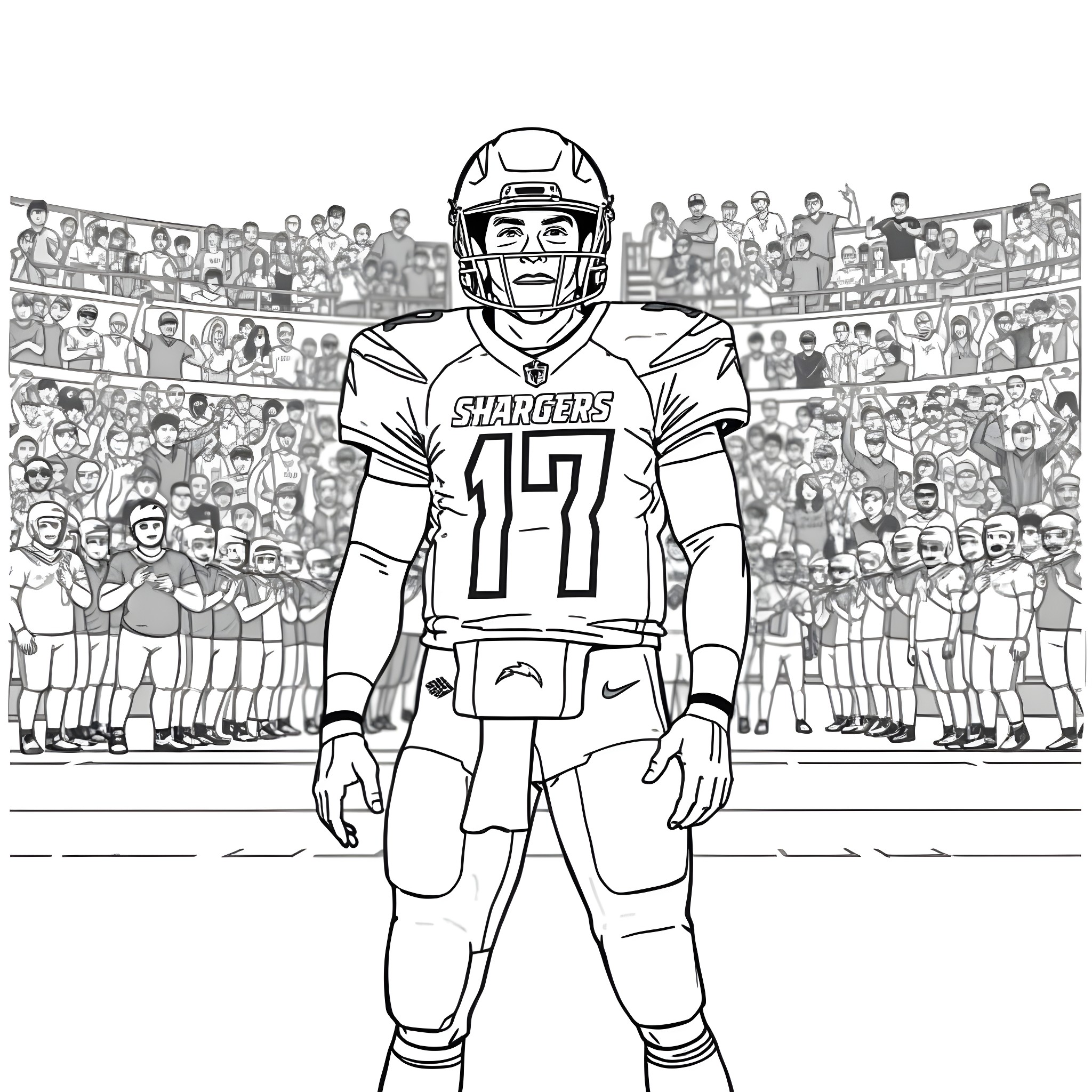Justin Herbert Leading the Chargers Football Team Coloring Page (free black-and-white line drawing printable PDF for all, from beginners to advanced learners, including children, teens, adults, and seniors)