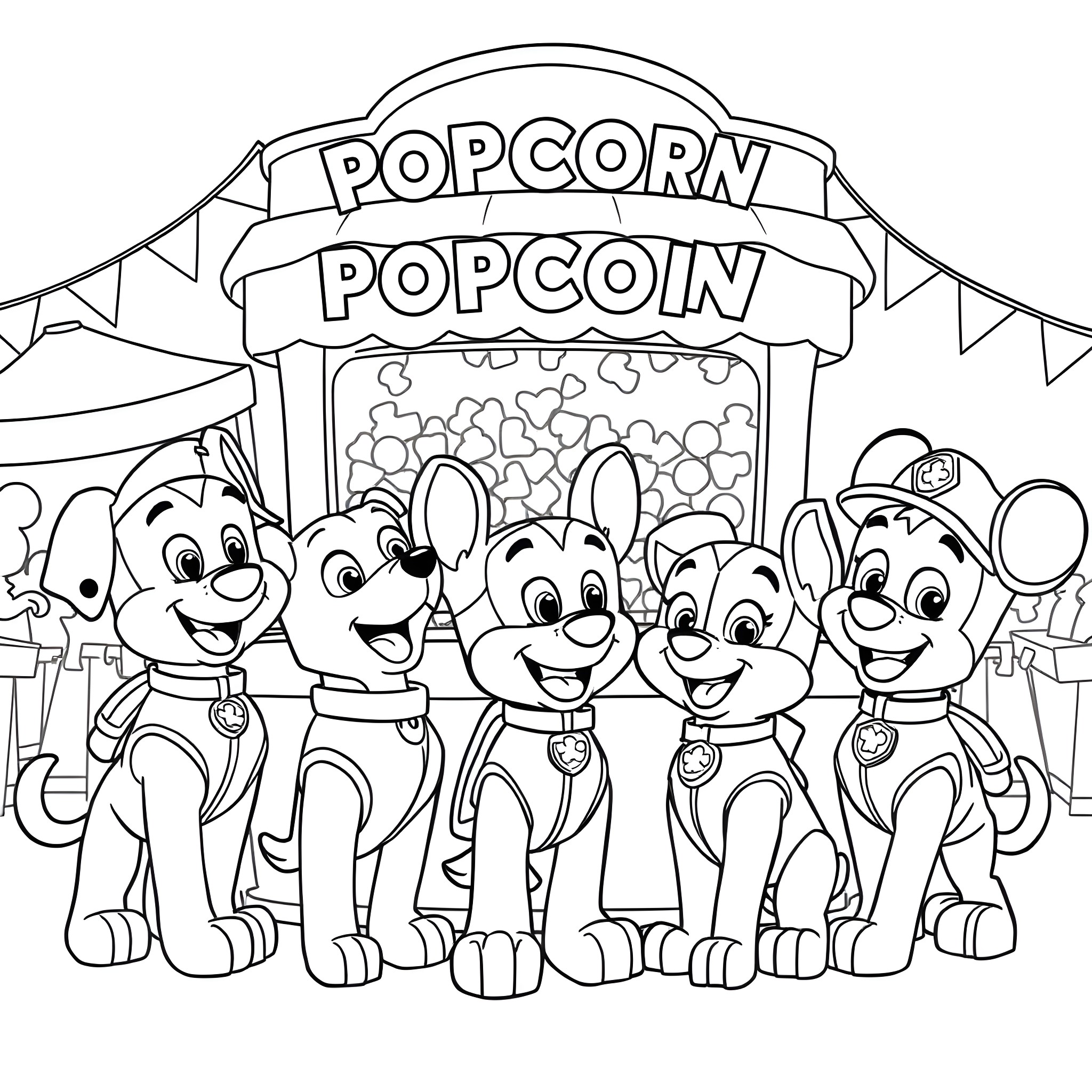 Pup friends enjoying popcorn at the carnival Coloring Page (free black-and-white line drawing printable PDF for all, from beginners to advanced learners, including children, teens, adults, and seniors)