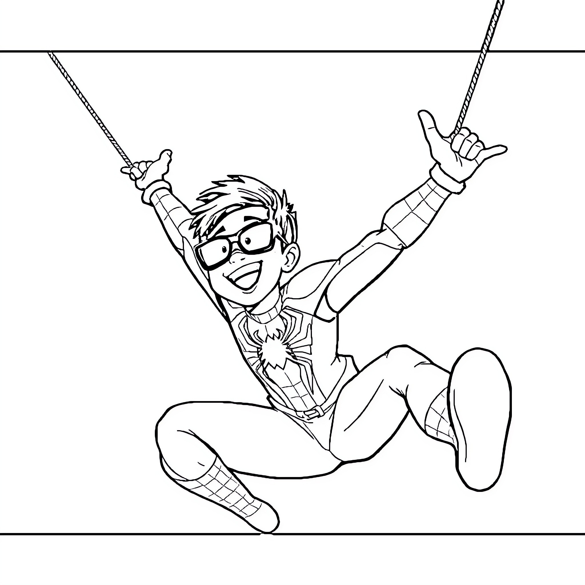 Boy in Superhero Costume Striking Heroic Pose Coloring Page (free black-and-white line drawing printable PDF for all, from beginners to advanced learners, including children, teens, adults, and seniors)