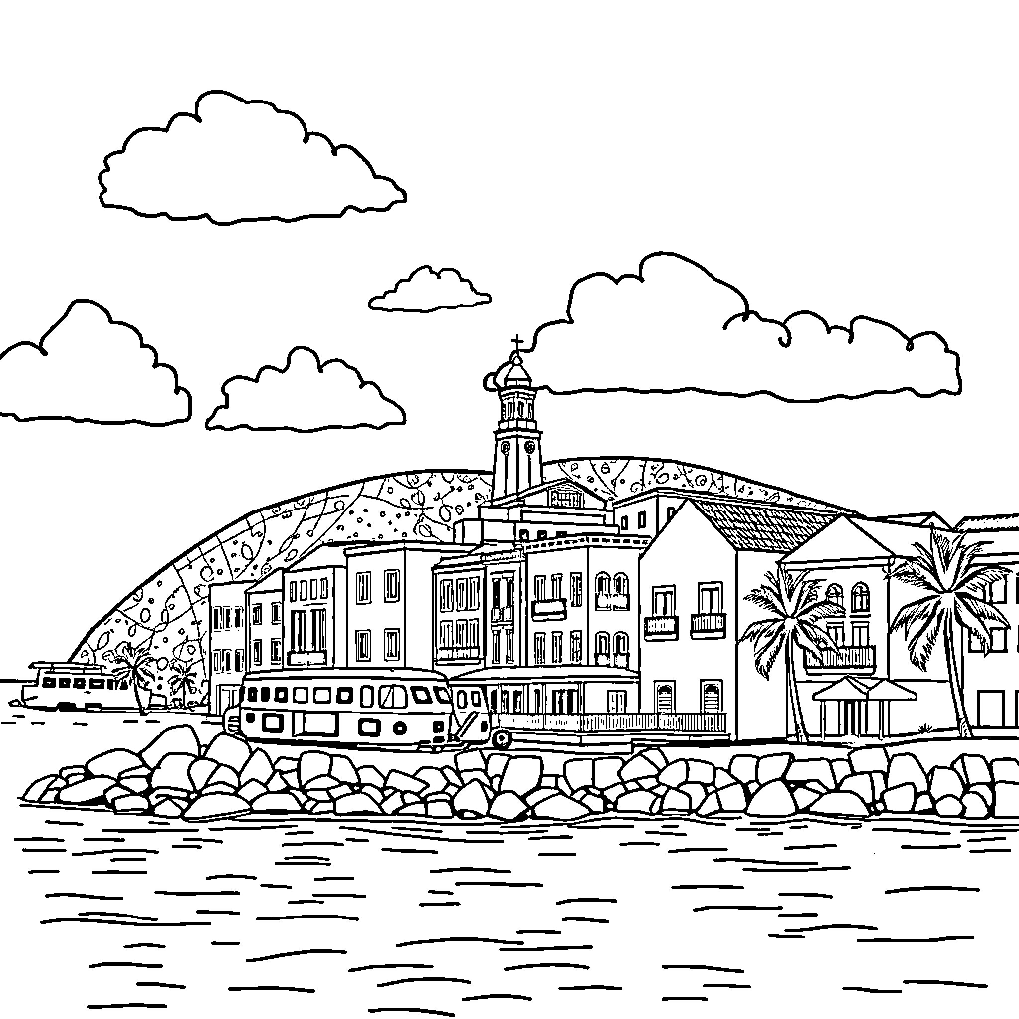 Curacao: Scenic Coastal Town with Iconic Architecture Coloring Page (free black-and-white line drawing printable PDF for all, from beginners to advanced learners, including children, teens, adults, and seniors)