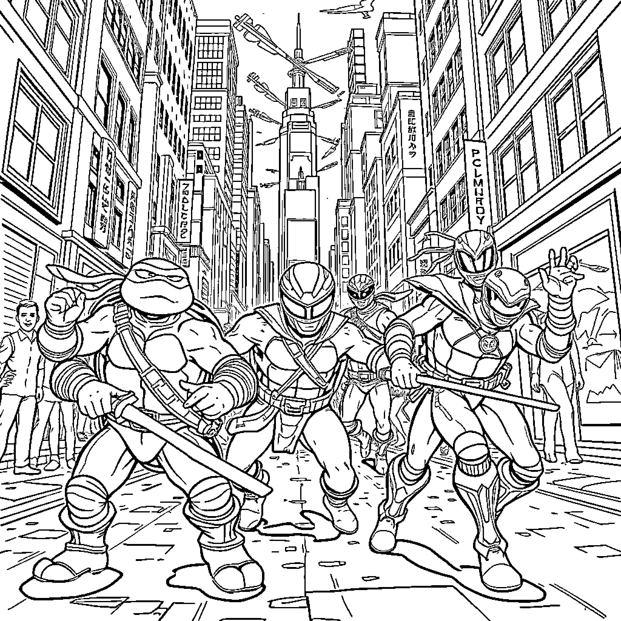 Teenage Mutant Ninja Turtles fighting in the city Coloring Page (free black-and-white line drawing printable PDF for all, from beginners to advanced learners, including children, teens, adults, and seniors)