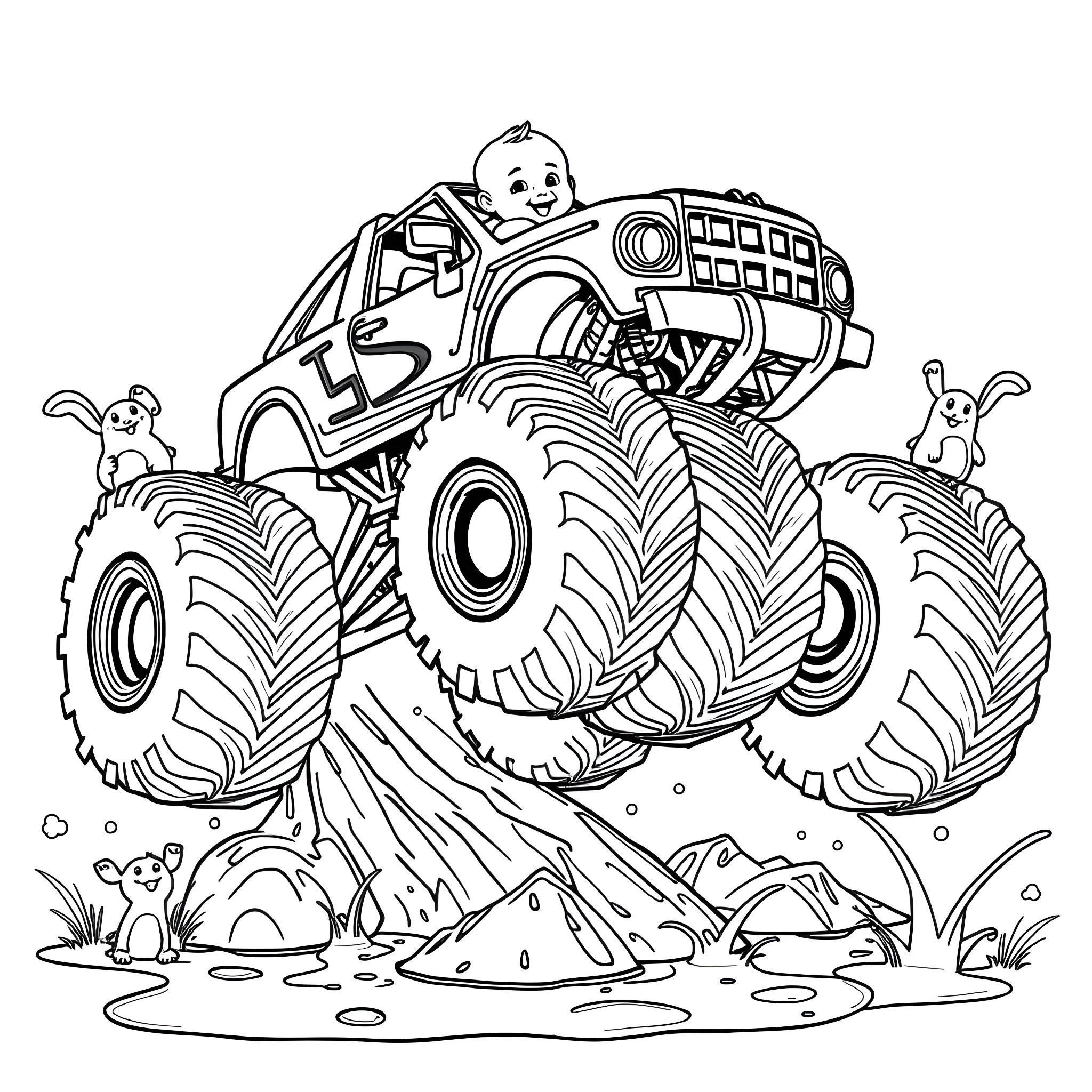 Baby driving monster truck over muddy terrain Coloring Page (free black-and-white line drawing printable PDF for all, from beginners to advanced learners, including children, teens, adults, and seniors)