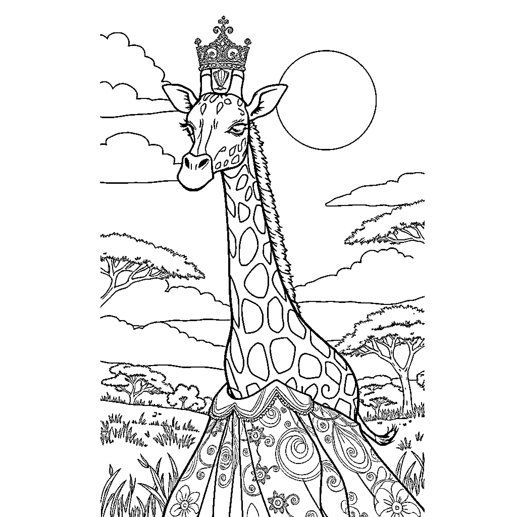 Giraffe with regal crown in serene landscape Coloring Page (free black-and-white line drawing printable PDF for all, from beginners to advanced learners, including children, teens, adults, and seniors)
