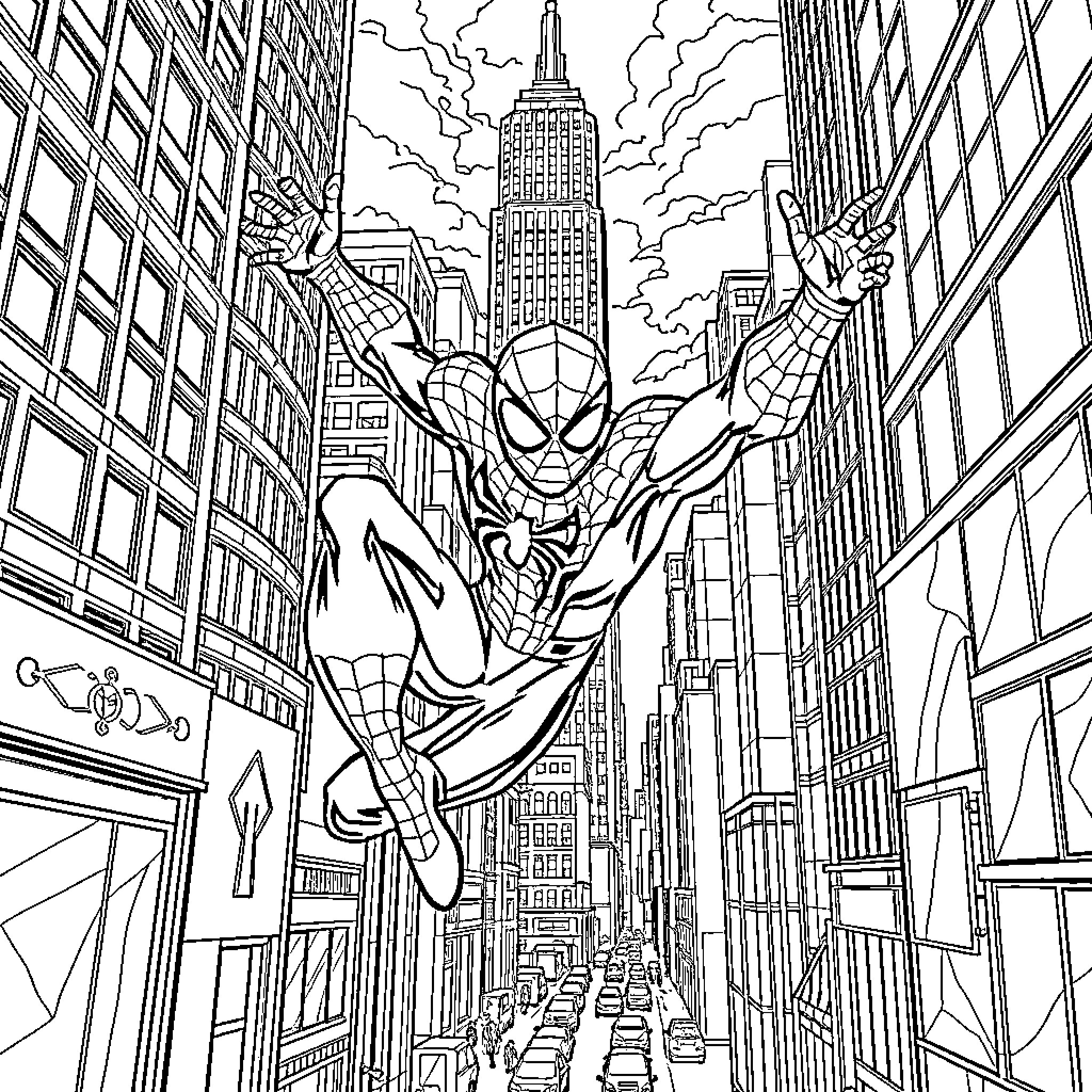 Spider-Man swinging through the city skyline Coloring Page (free black-and-white line drawing printable PDF for all, from beginners to advanced learners, including children, teens, adults, and seniors)