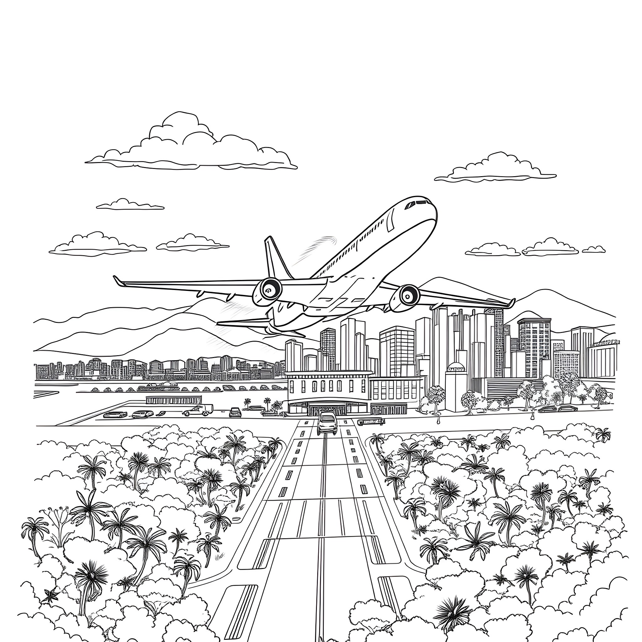 Airplane flying over a tropical city skyline Coloring Page (free black-and-white line drawing printable PDF for all, from beginners to advanced learners, including children, teens, adults, and seniors)