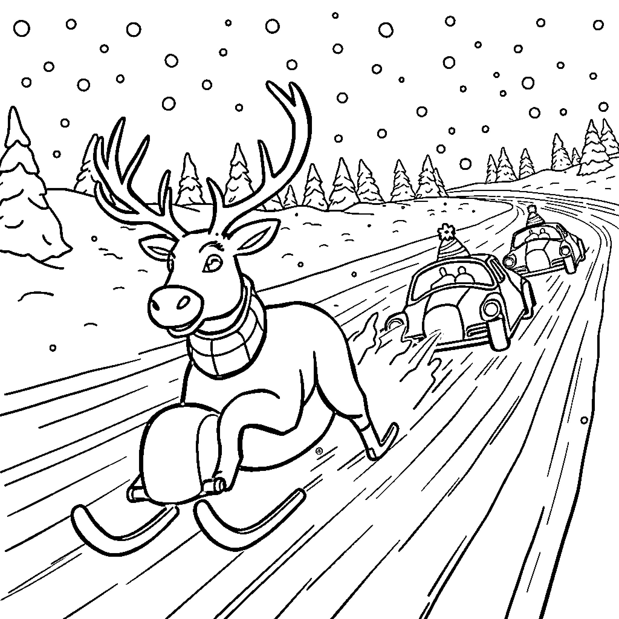 Reindeer pulling sleigh on snowy road Coloring Page (free black-and-white line drawing printable PDF for all, from beginners to advanced learners, including children, teens, adults, and seniors)