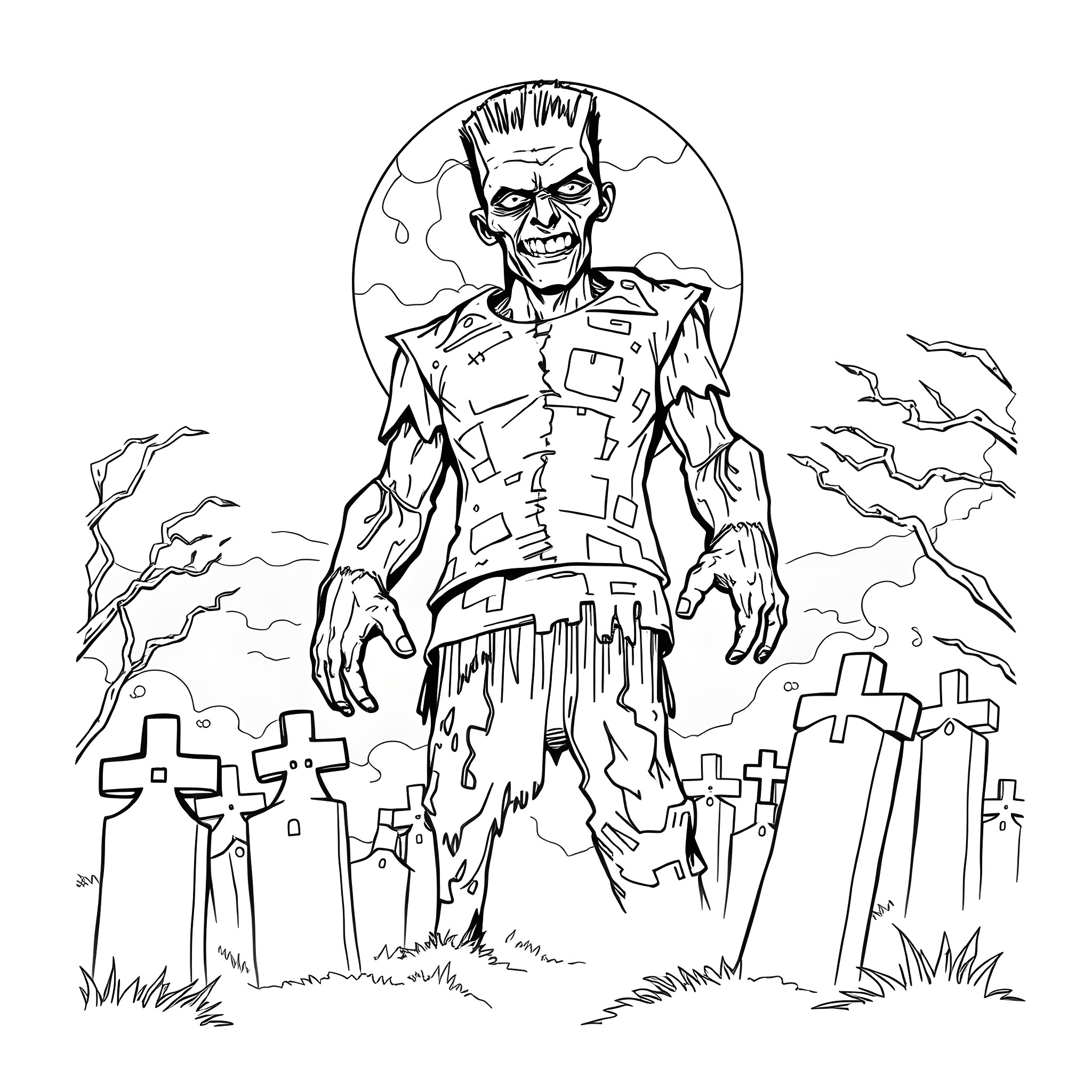 Frankenstein's Monster Terrorizing the Graveyard Coloring Page (free black-and-white line drawing printable PDF for all, from beginners to advanced learners, including children, teens, adults, and seniors)