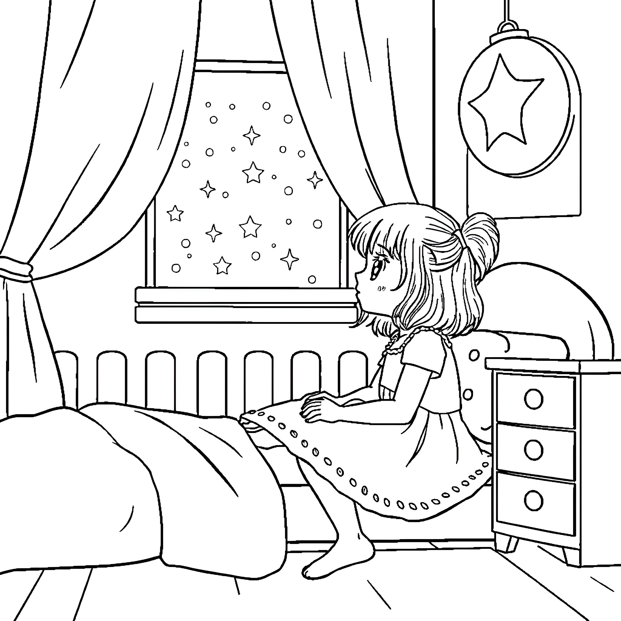 Girl dreaming by the starry window Coloring Page (free black-and-white line drawing printable PDF for all, from beginners to advanced learners, including children, teens, adults, and seniors)