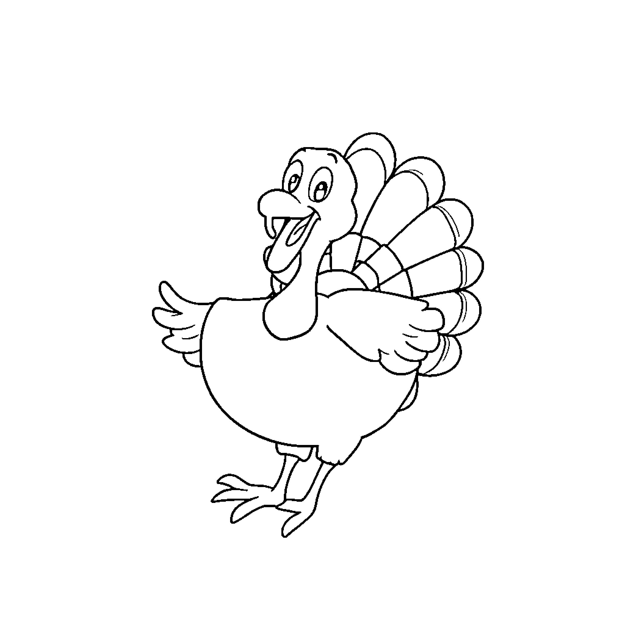 Turkey with a cheerful expression Coloring Page (free black-and-white line drawing printable PDF for all, from beginners to advanced learners, including children, teens, adults, and seniors)