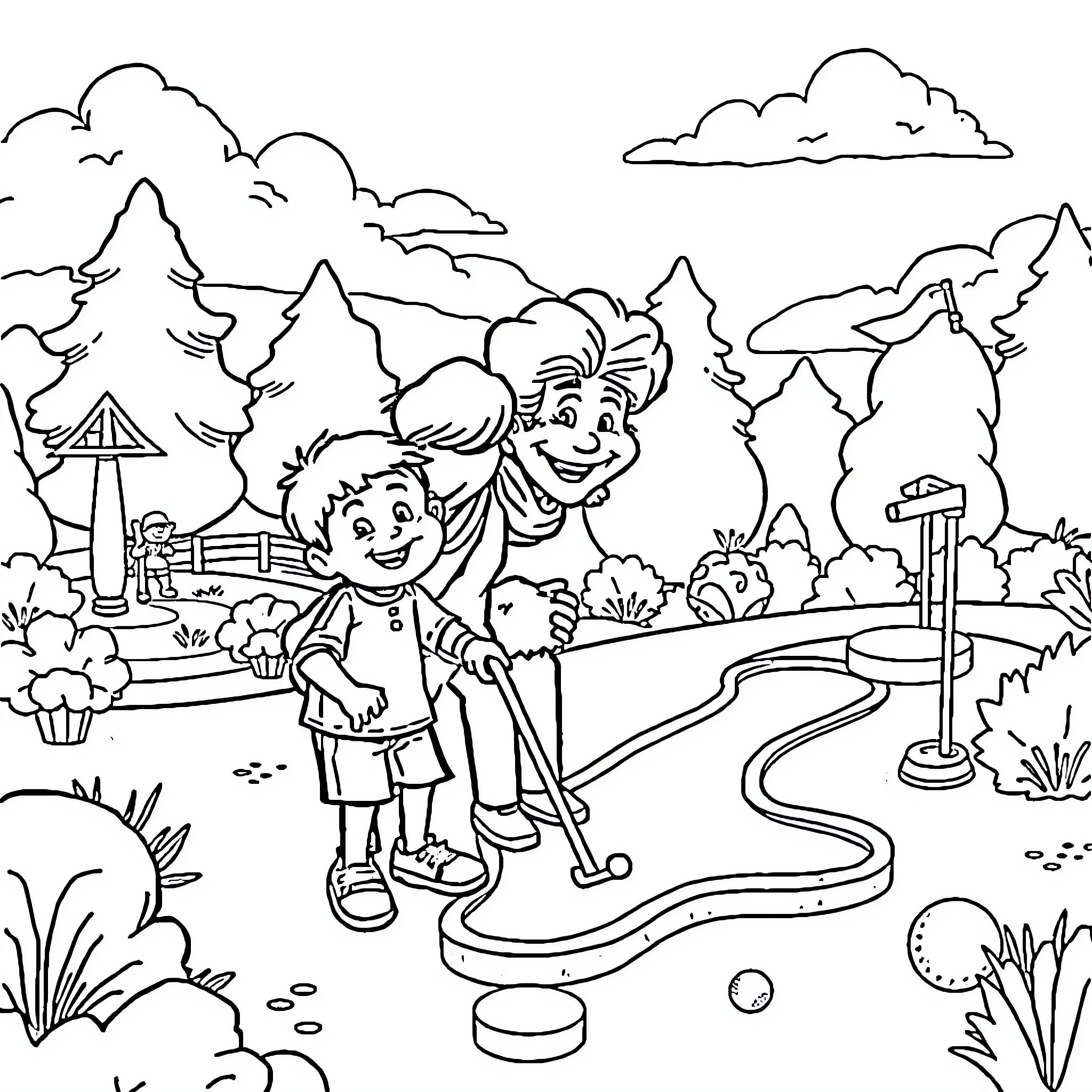 Kid exploring nature with parent in the forest Coloring Page (free black-and-white line drawing printable PDF for all, from beginners to advanced learners, including children, teens, adults, and seniors)