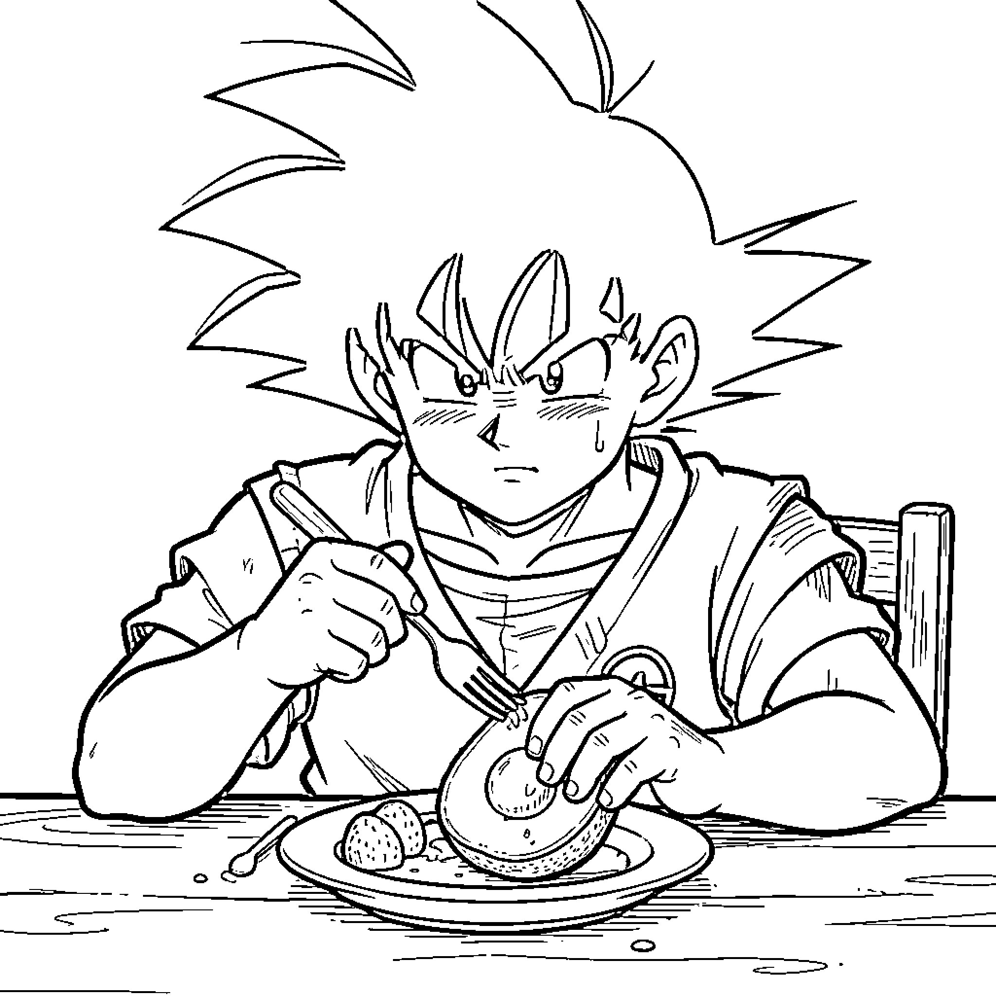 Gohan eating a meal at a dining table Coloring Page (free black-and-white line drawing printable PDF for all, from beginners to advanced learners, including children, teens, adults, and seniors)