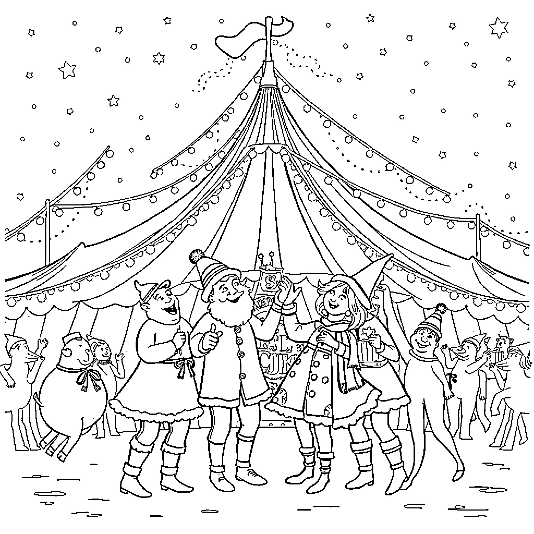 Circus Performer in Whimsical Tent Show Coloring Page (free black-and-white line drawing printable PDF for all, from beginners to advanced learners, including children, teens, adults, and seniors)