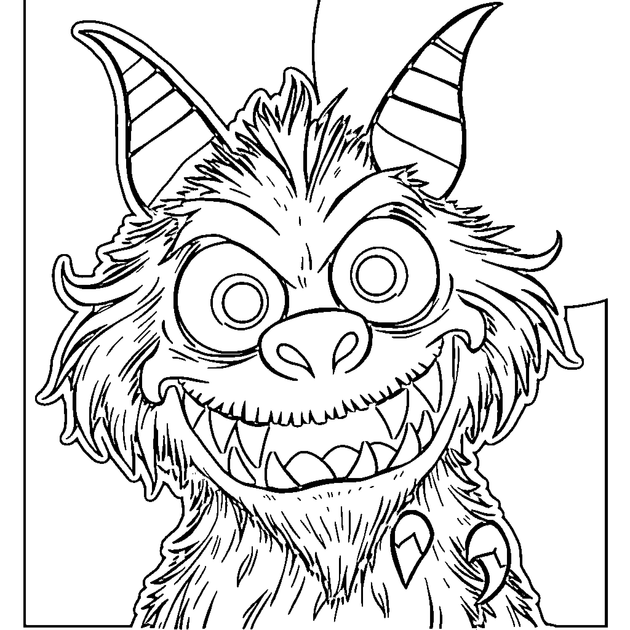 Rumi's Whimsical Monster Encounter Coloring Page (free black-and-white line drawing printable PDF for all, from beginners to advanced learners, including children, teens, adults, and seniors)