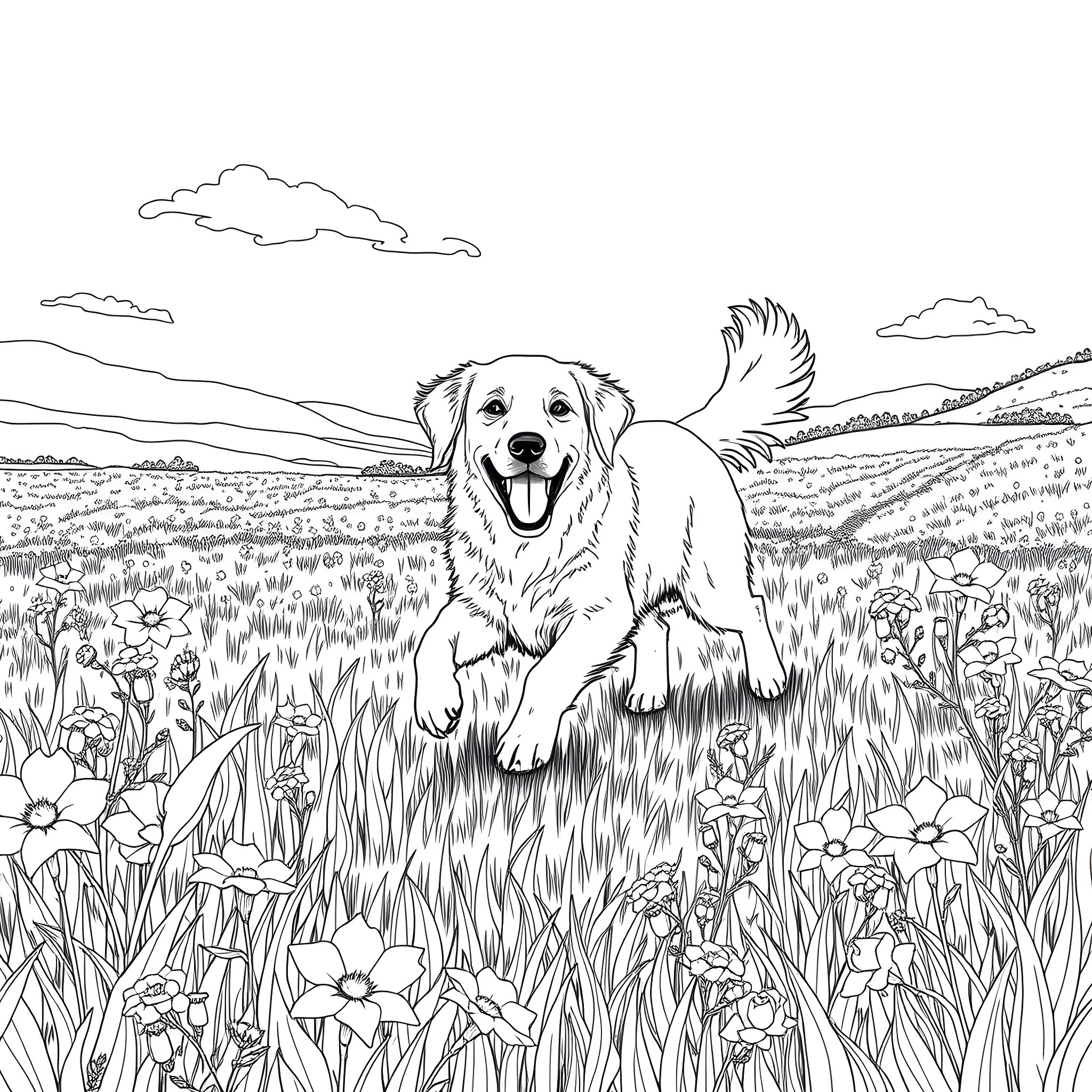 Golden Retriever frolicking in a flower-filled meadow Coloring Page (free black-and-white line drawing printable PDF for all, from beginners to advanced learners, including children, teens, adults, and seniors)