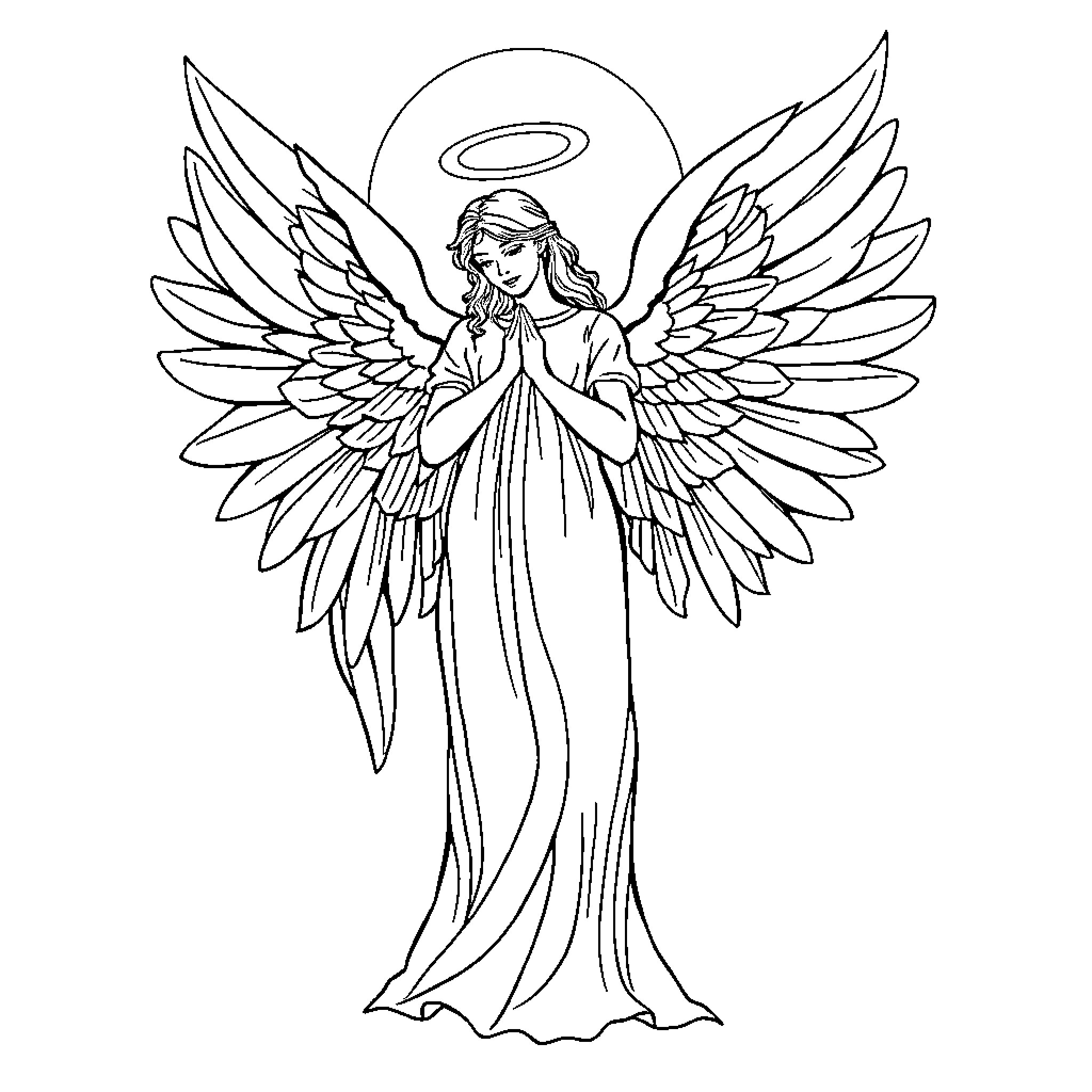 Angel in prayer with outstretched wings Coloring Page (free black-and-white line drawing printable PDF for all, from beginners to advanced learners, including children, teens, adults, and seniors)