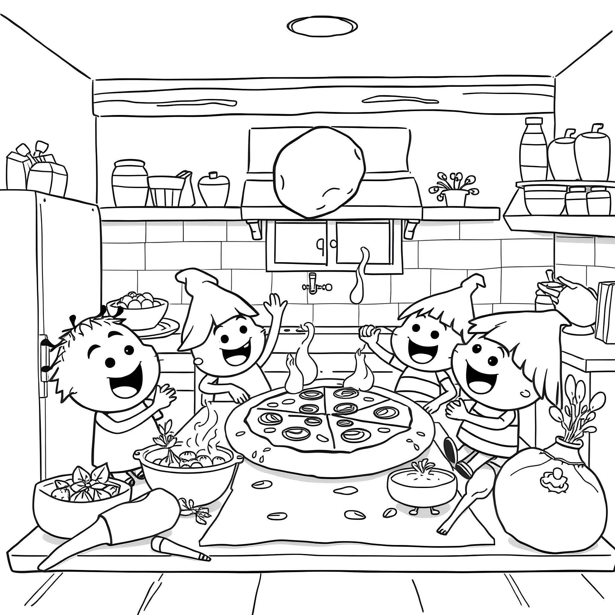 Oddbod's Animated Kitchen Adventure Coloring Page (free black-and-white line drawing printable PDF for all, from beginners to advanced learners, including children, teens, adults, and seniors)