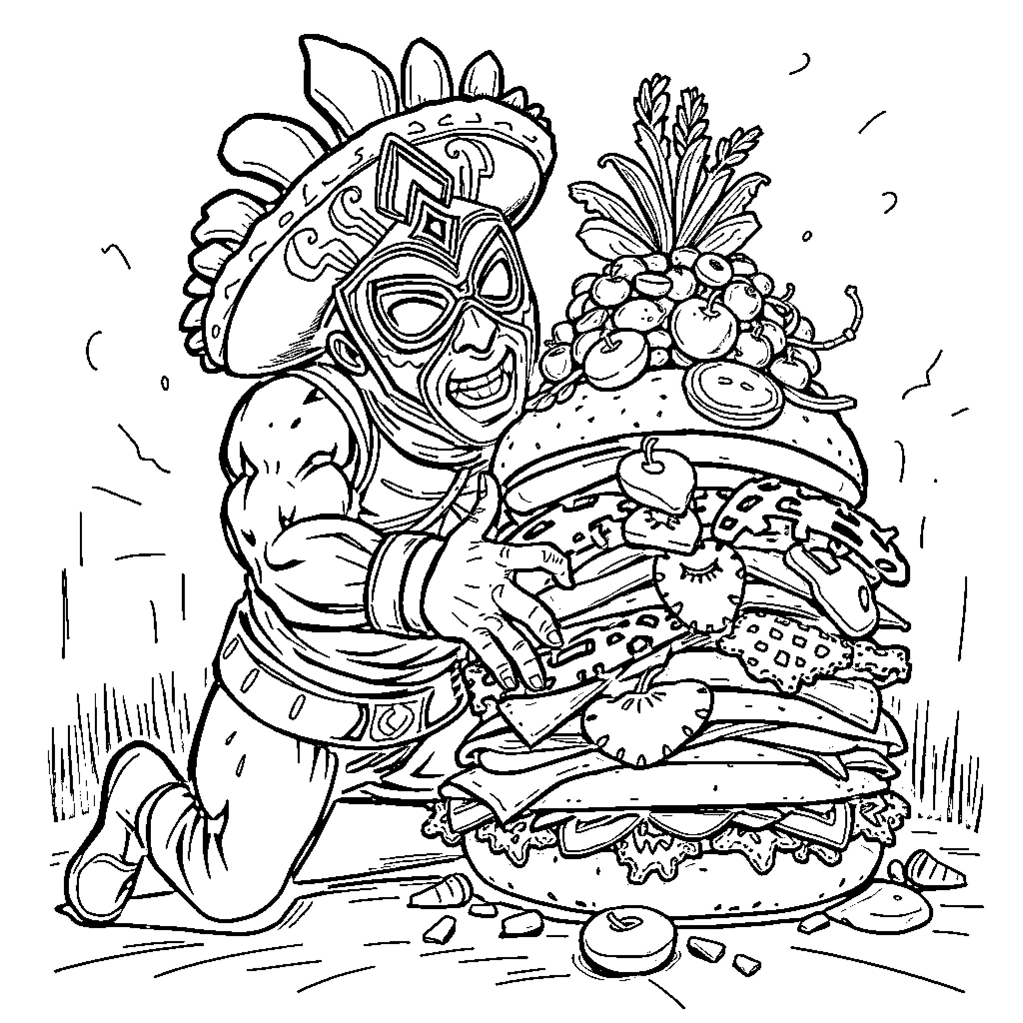 Luchador wrestling with a giant burger Coloring Page (free black-and-white line drawing printable PDF for all, from beginners to advanced learners, including children, teens, adults, and seniors)