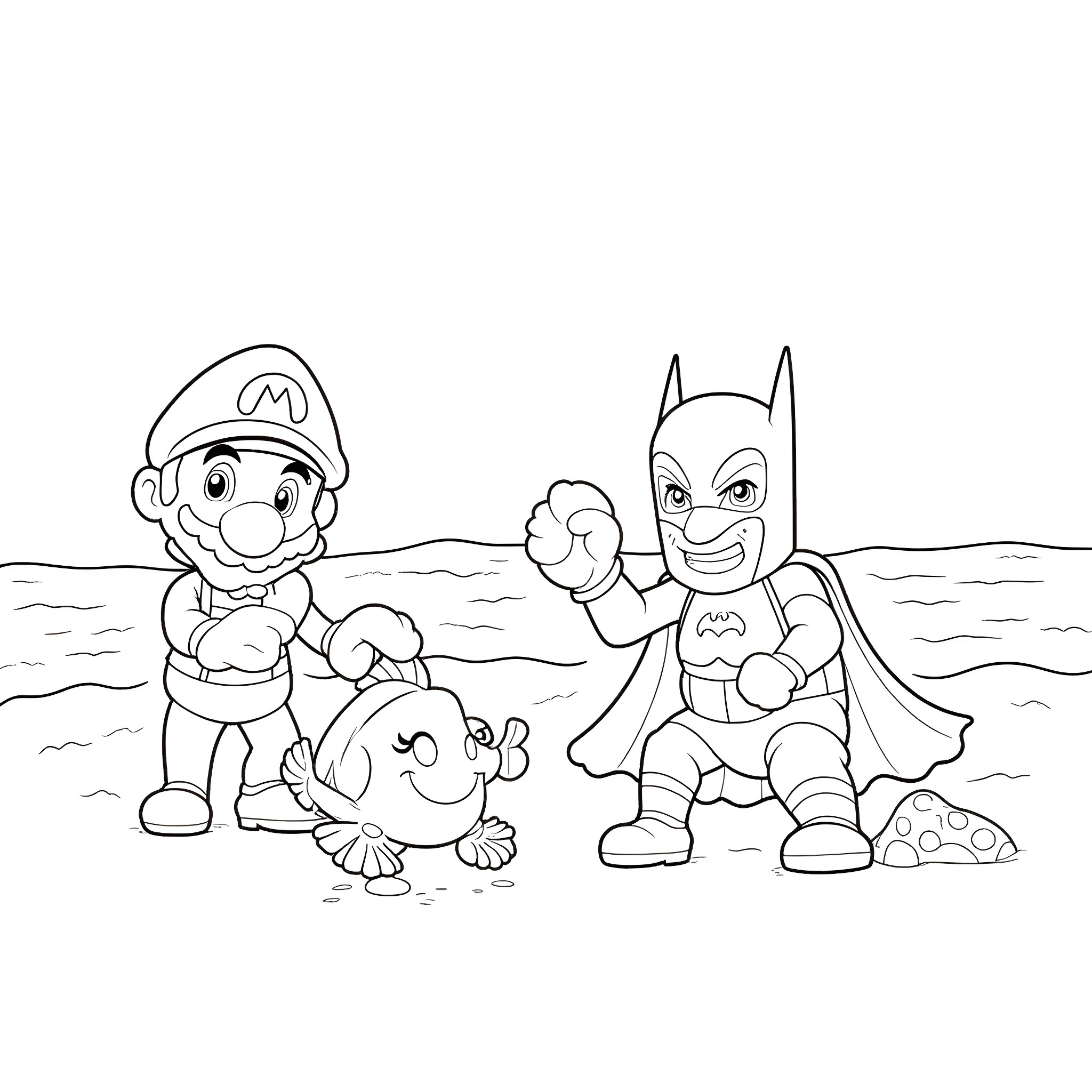 Super Mario and Batman Playfully Exploring the Beach Coloring Page (free black-and-white line drawing printable PDF for all, from beginners to advanced learners, including children, teens, adults, and seniors)