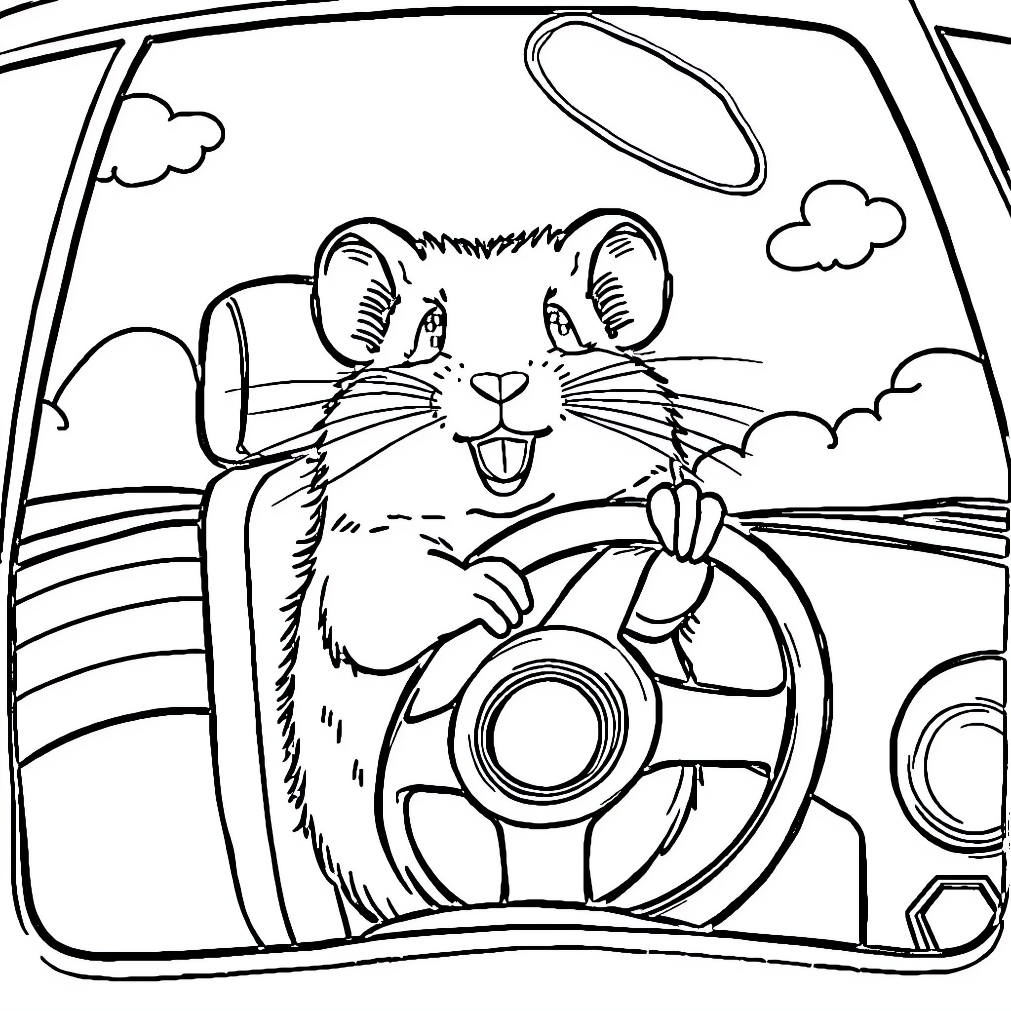 Hamster driving a car with enthusiasm Coloring Page (free black-and-white line drawing printable PDF for all, from beginners to advanced learners, including children, teens, adults, and seniors)
