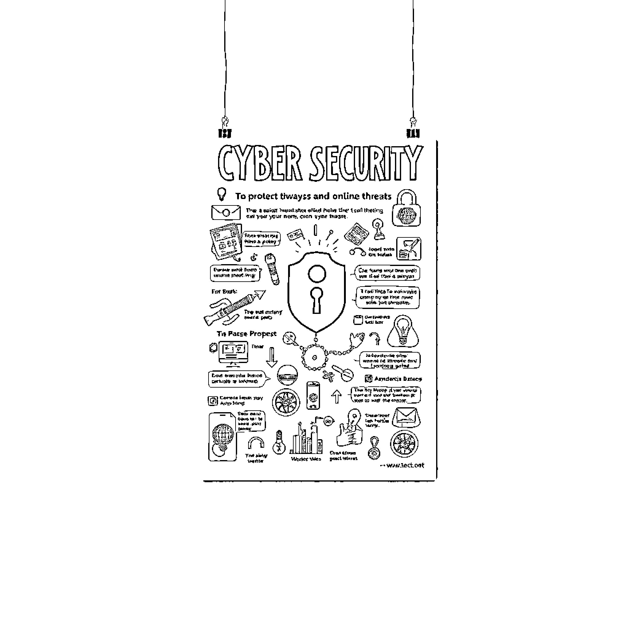 Cyber Security: A Comprehensive Infographic on Threats and Protection Coloring Page (free black-and-white line drawing printable PDF for all, from beginners to advanced learners, including children, teens, adults, and seniors)