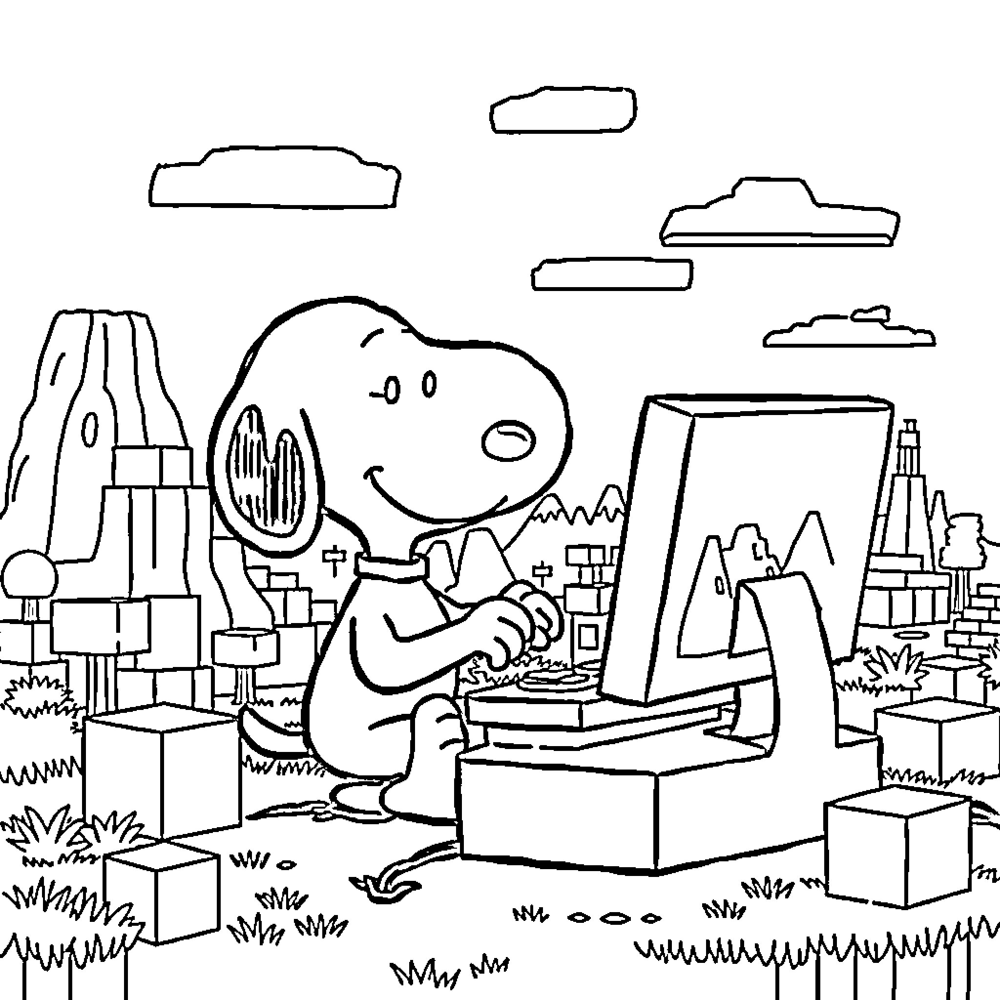 Snoopy drawing a picture in the park Coloring Page (free black-and-white line drawing printable PDF for all, from beginners to advanced learners, including children, teens, adults, and seniors)