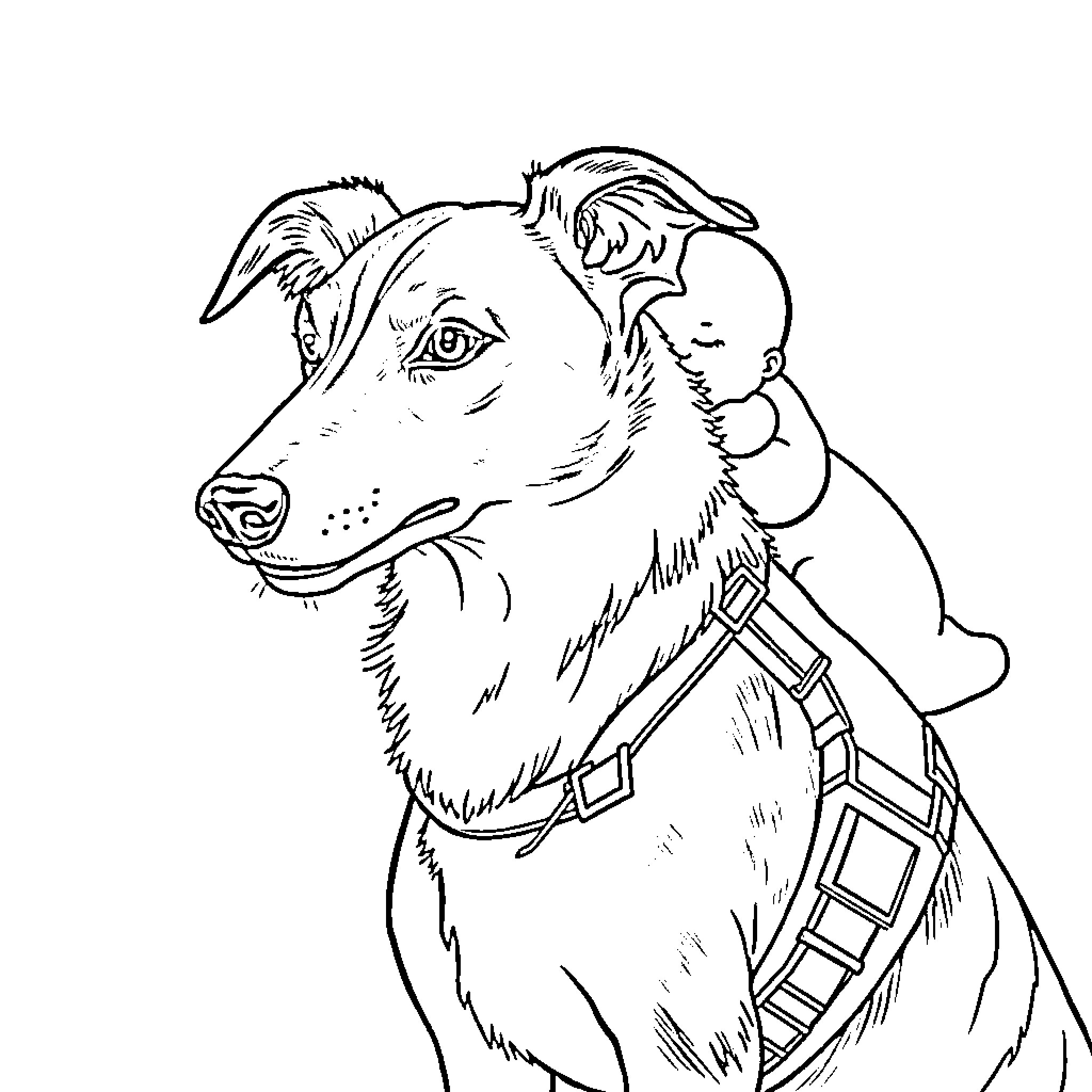 Dog wearing harness enjoying outdoor adventure Coloring Page (free black-and-white line drawing printable PDF for all, from beginners to advanced learners, including children, teens, adults, and seniors)