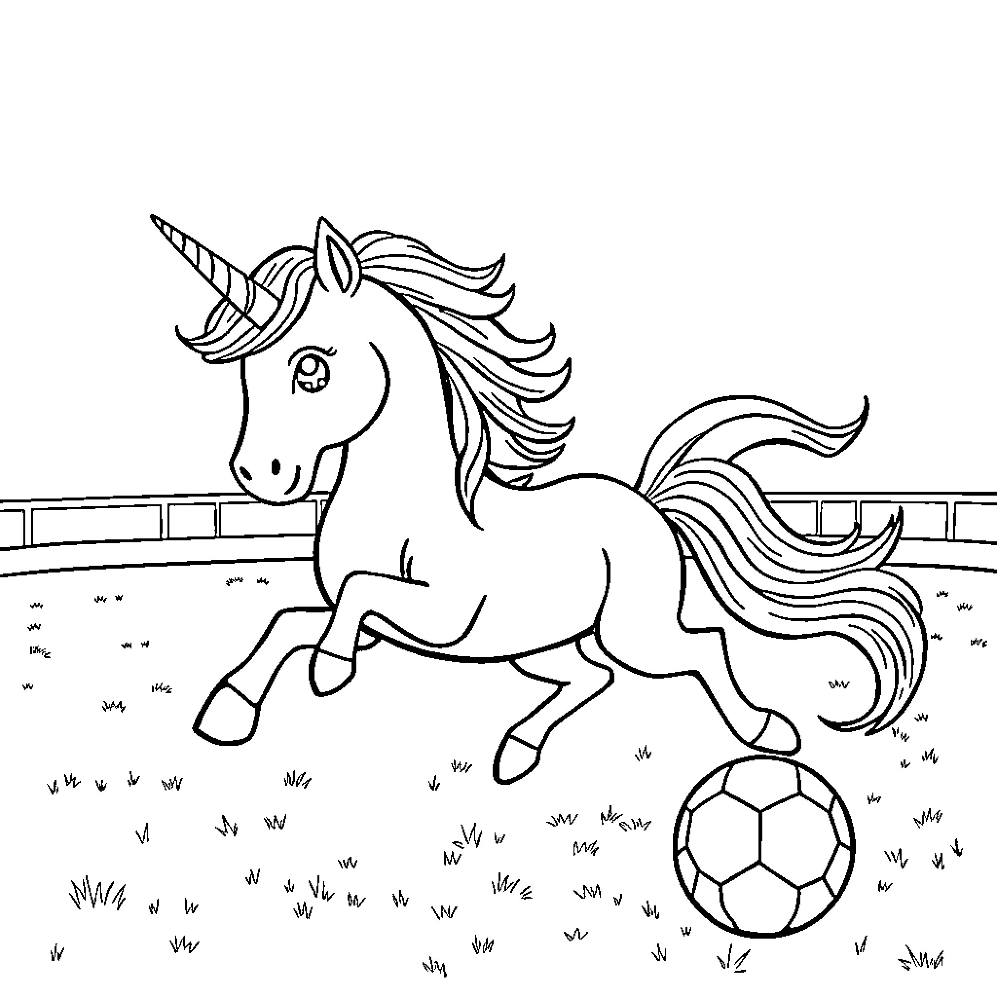 Unicorn playing joyfully with soccer ball in meadow Coloring Page (free black-and-white line drawing printable PDF for all, from beginners to advanced learners, including children, teens, adults, and seniors)