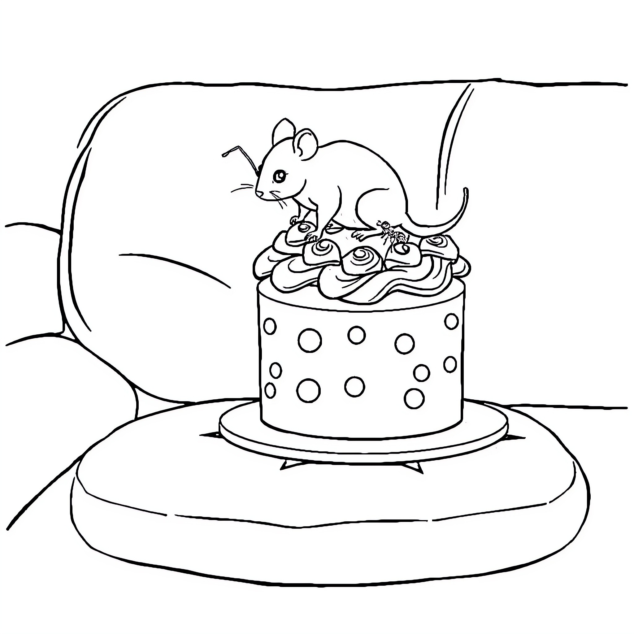 Couch mouse enjoying a decorated cake Coloring Page (free black-and-white line drawing printable PDF for all, from beginners to advanced learners, including children, teens, adults, and seniors)
