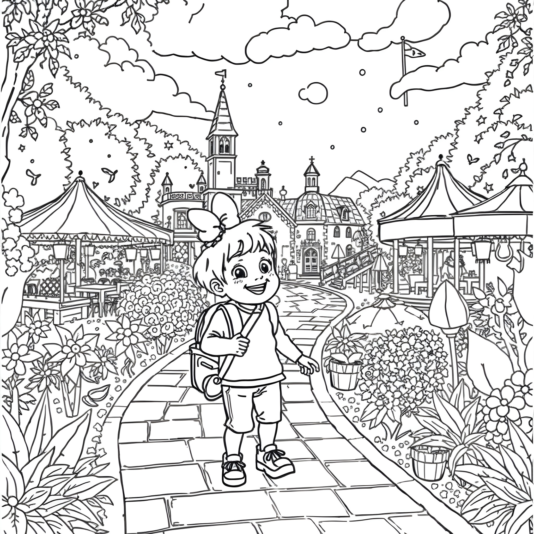 Hugo's Joyful Exploration in a Whimsical Town Coloring Page (free black-and-white line drawing printable PDF for all, from beginners to advanced learners, including children, teens, adults, and seniors)