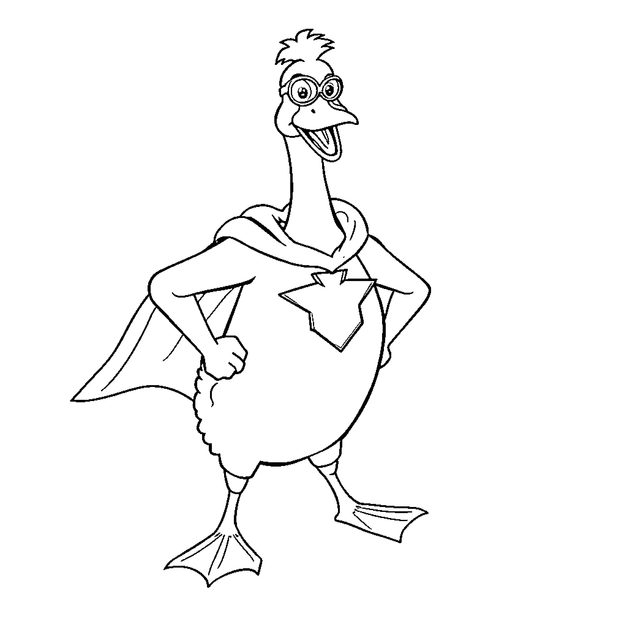 Goose wearing a star-shaped hat and cape Coloring Page (free black-and-white line drawing printable PDF for all, from beginners to advanced learners, including children, teens, adults, and seniors)