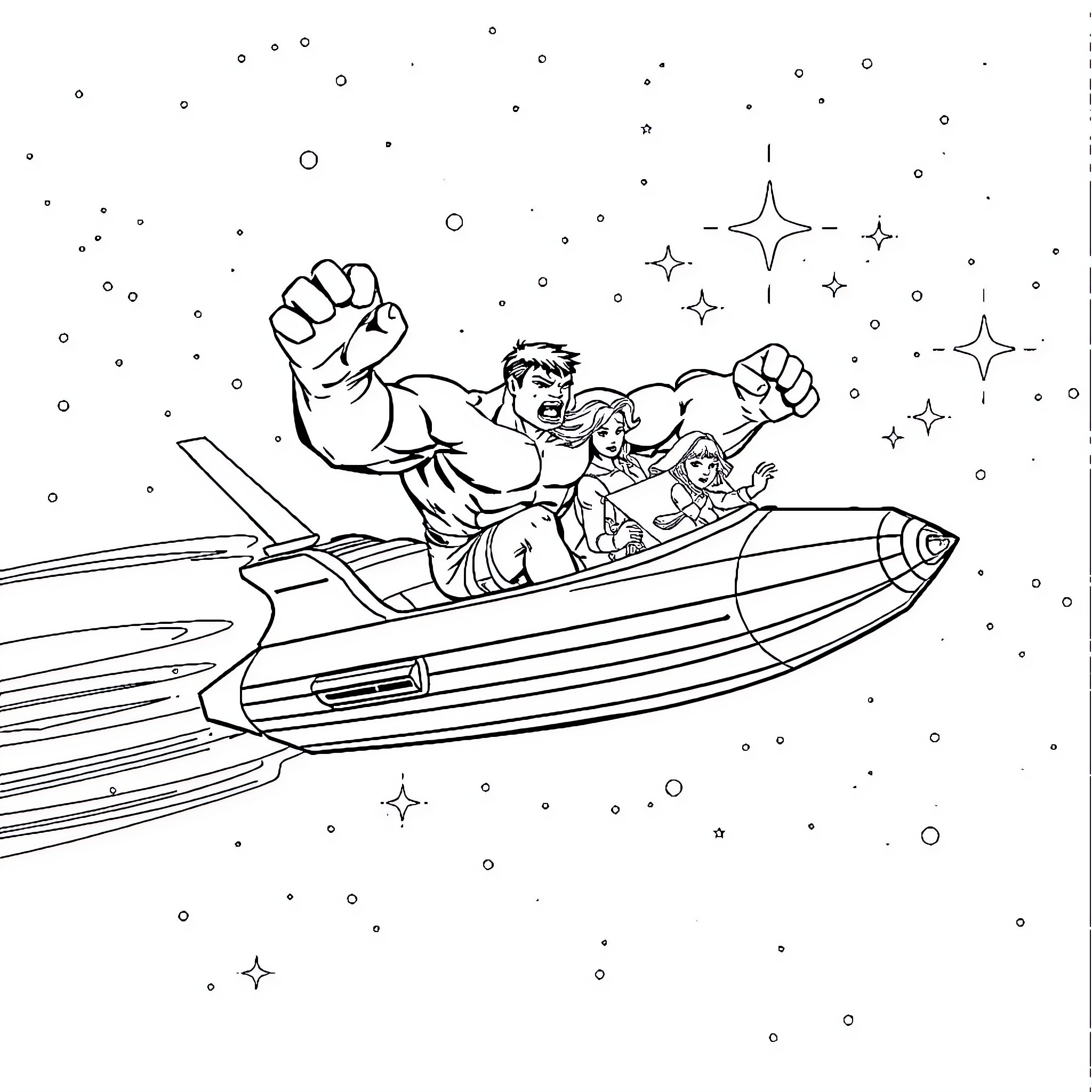 Hulk soaring through space with friends in futuristic vehicle Coloring Page (free black-and-white line drawing printable PDF for all, from beginners to advanced learners, including children, teens, adults, and seniors)