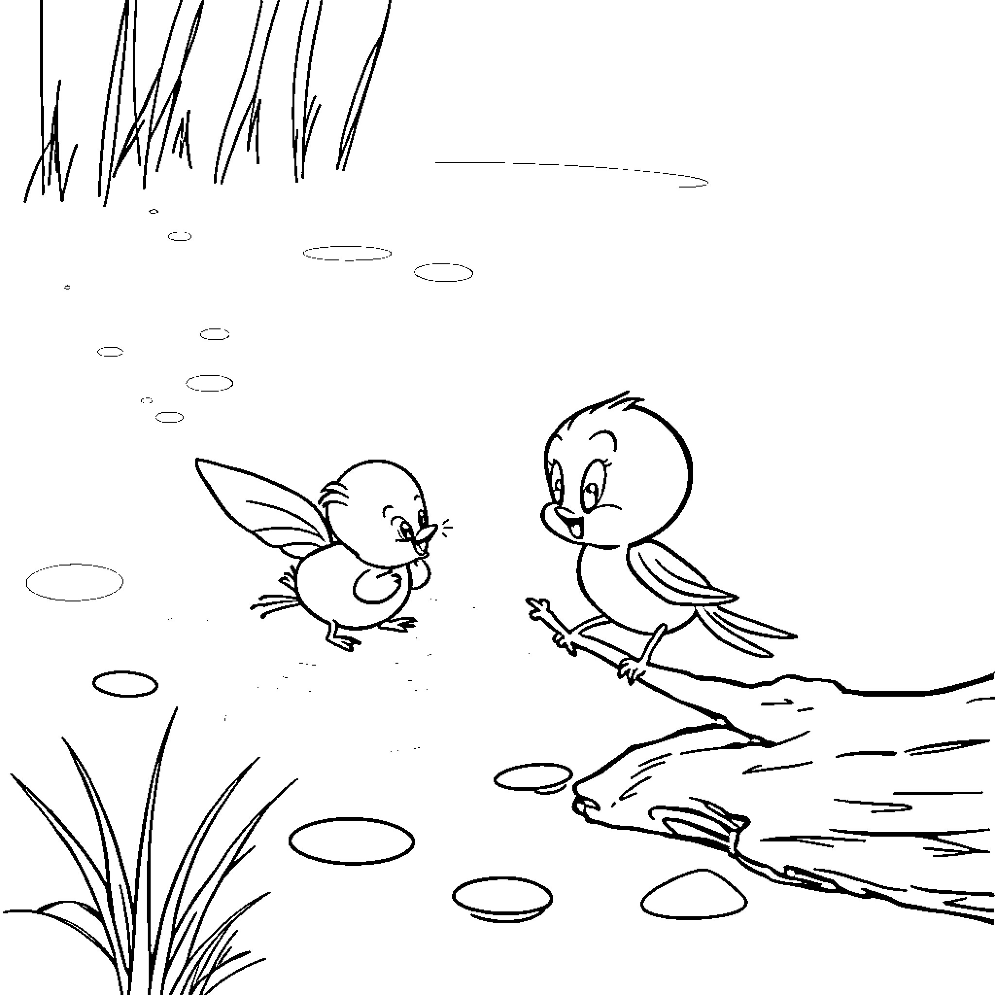 Tweety birds playing in a natural setting Coloring Page (free black-and-white line drawing printable PDF for all, from beginners to advanced learners, including children, teens, adults, and seniors)