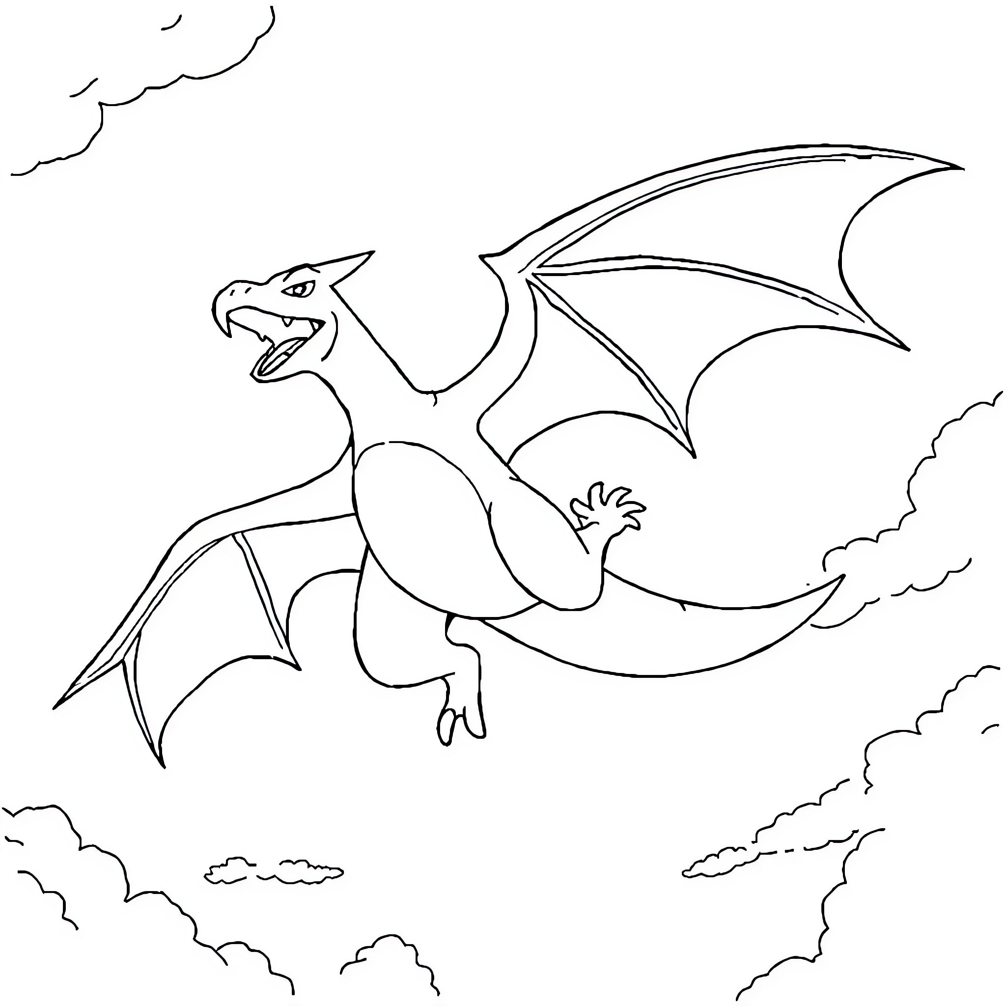 Charizard soaring through the cloudy sky Coloring Page (free black-and-white line drawing printable PDF for all, from beginners to advanced learners, including children, teens, adults, and seniors)