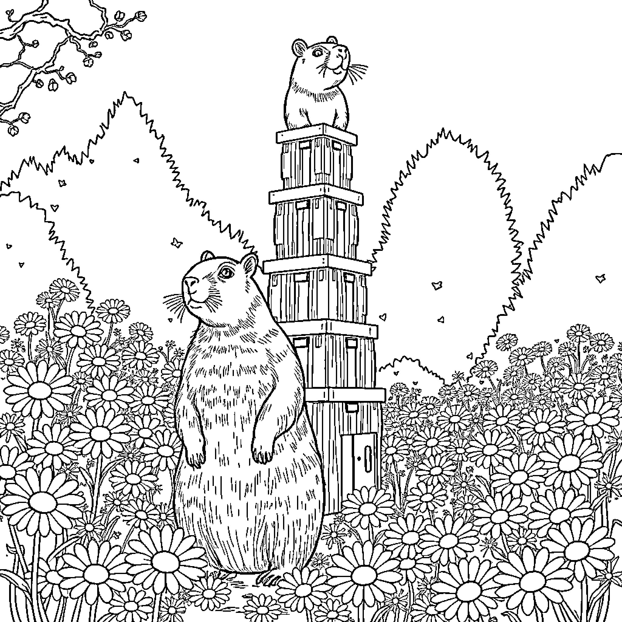 Capybara Enjoying Nature's Beauty Coloring Page (free black-and-white line drawing printable PDF for all, from beginners to advanced learners, including children, teens, adults, and seniors)