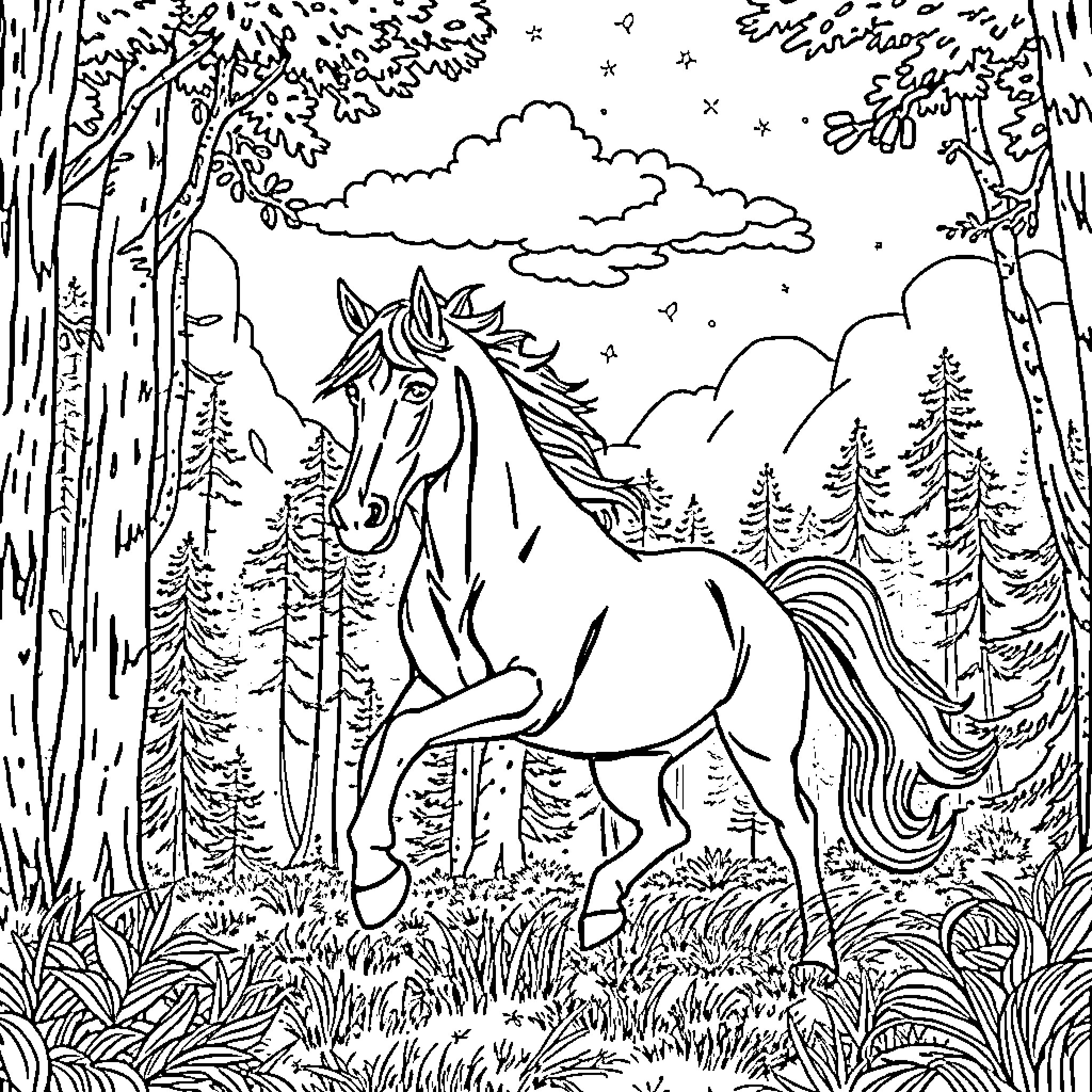 Horse Running Through Enchanted Forest Coloring Page (free black-and-white line drawing printable PDF for all, from beginners to advanced learners, including children, teens, adults, and seniors)