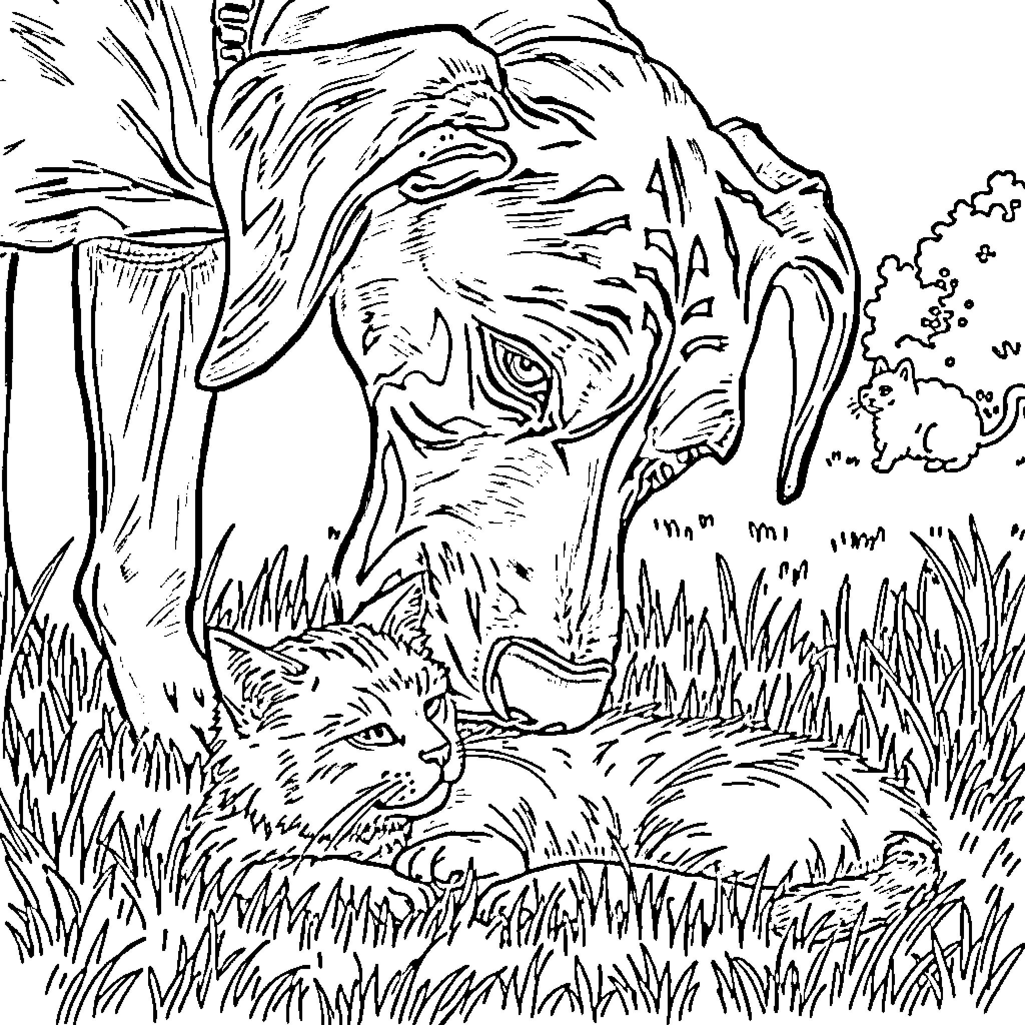 Great Dane guarding a playful kitten in a grassy scene Coloring Page (free black-and-white line drawing printable PDF for all, from beginners to advanced learners, including children, teens, adults, and seniors)