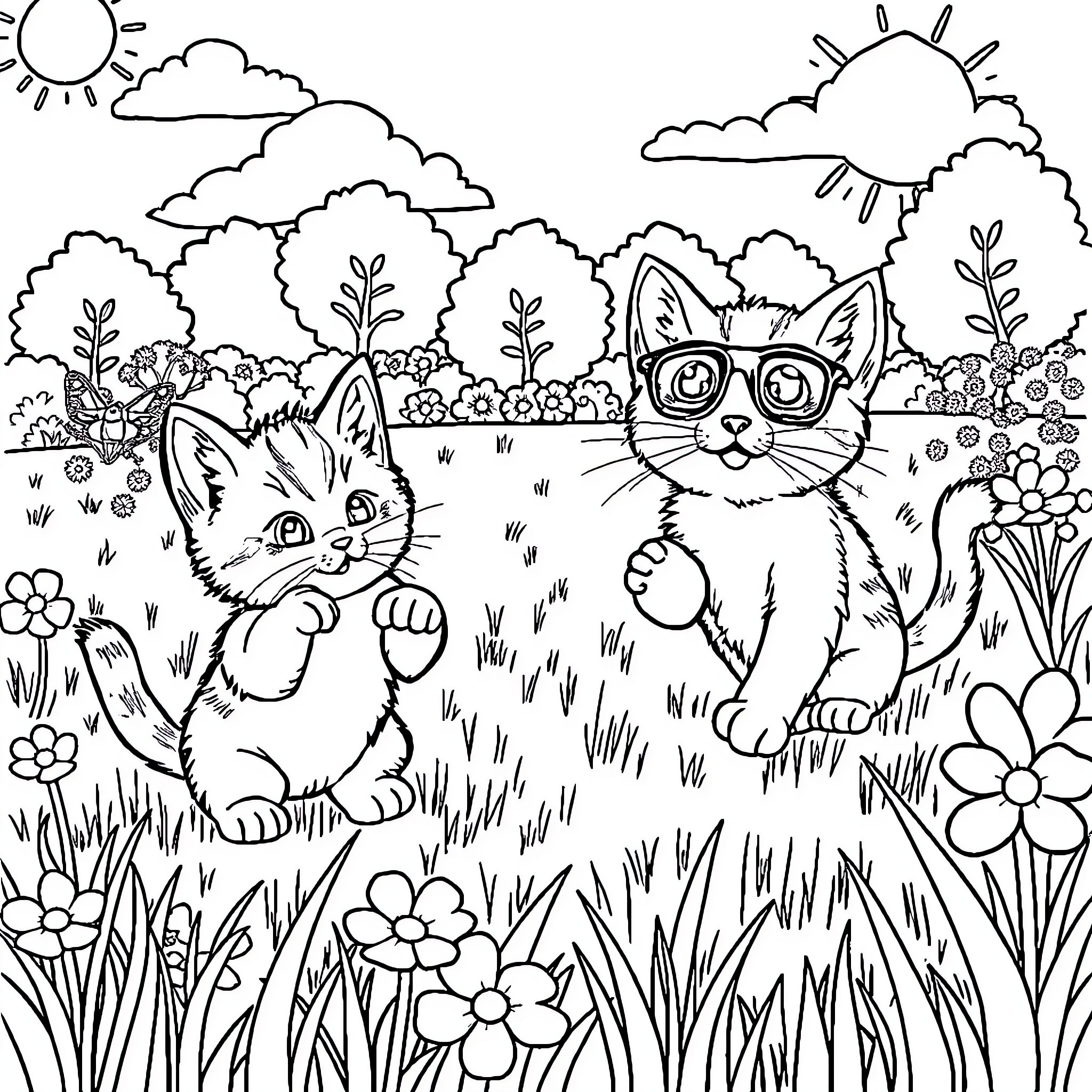 Superkitties on a sunny garden adventure Coloring Page (free black-and-white line drawing printable PDF for all, from beginners to advanced learners, including children, teens, adults, and seniors)