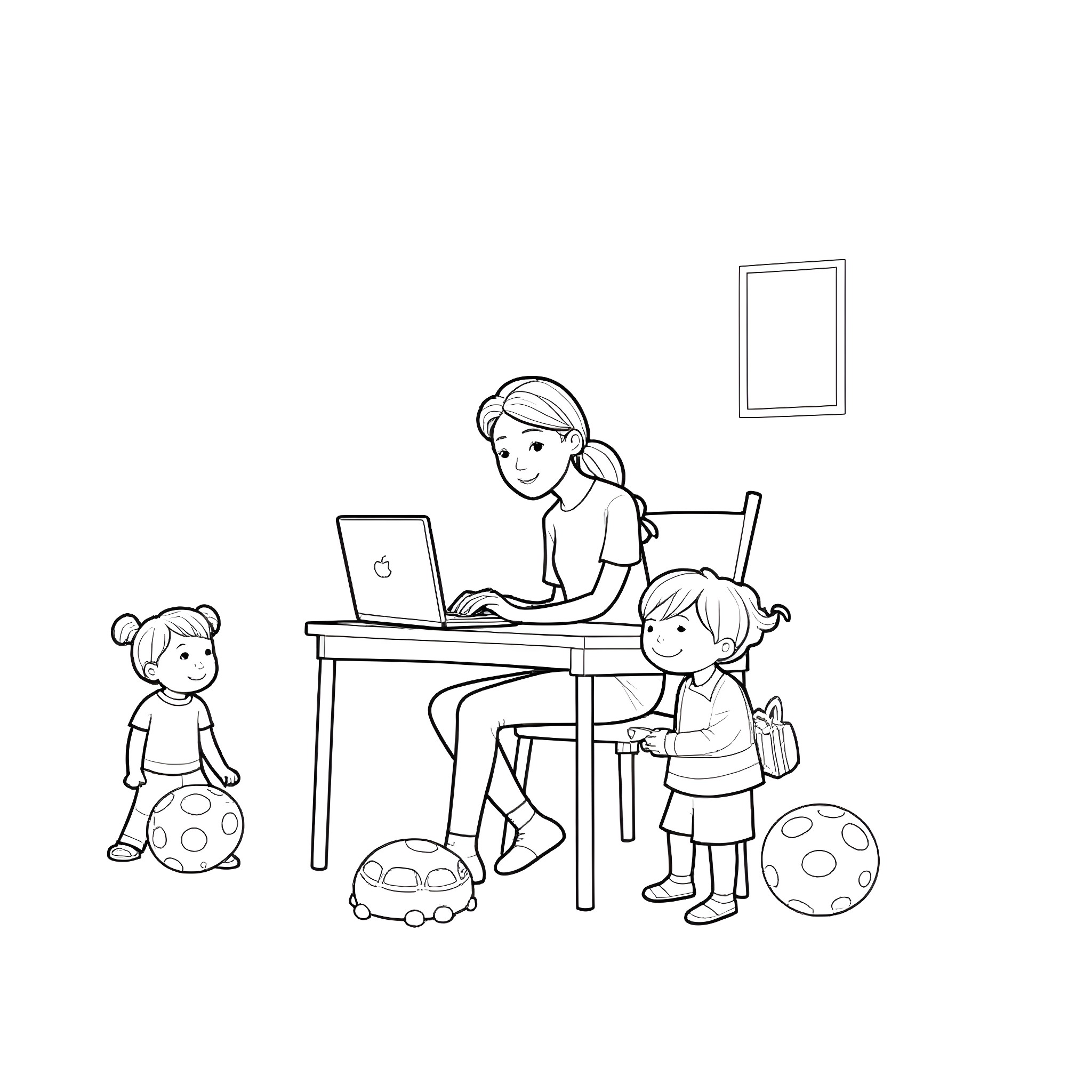Mother teaching children at home with laptop Coloring Page (free black-and-white line drawing printable PDF for all, from beginners to advanced learners, including children, teens, adults, and seniors)