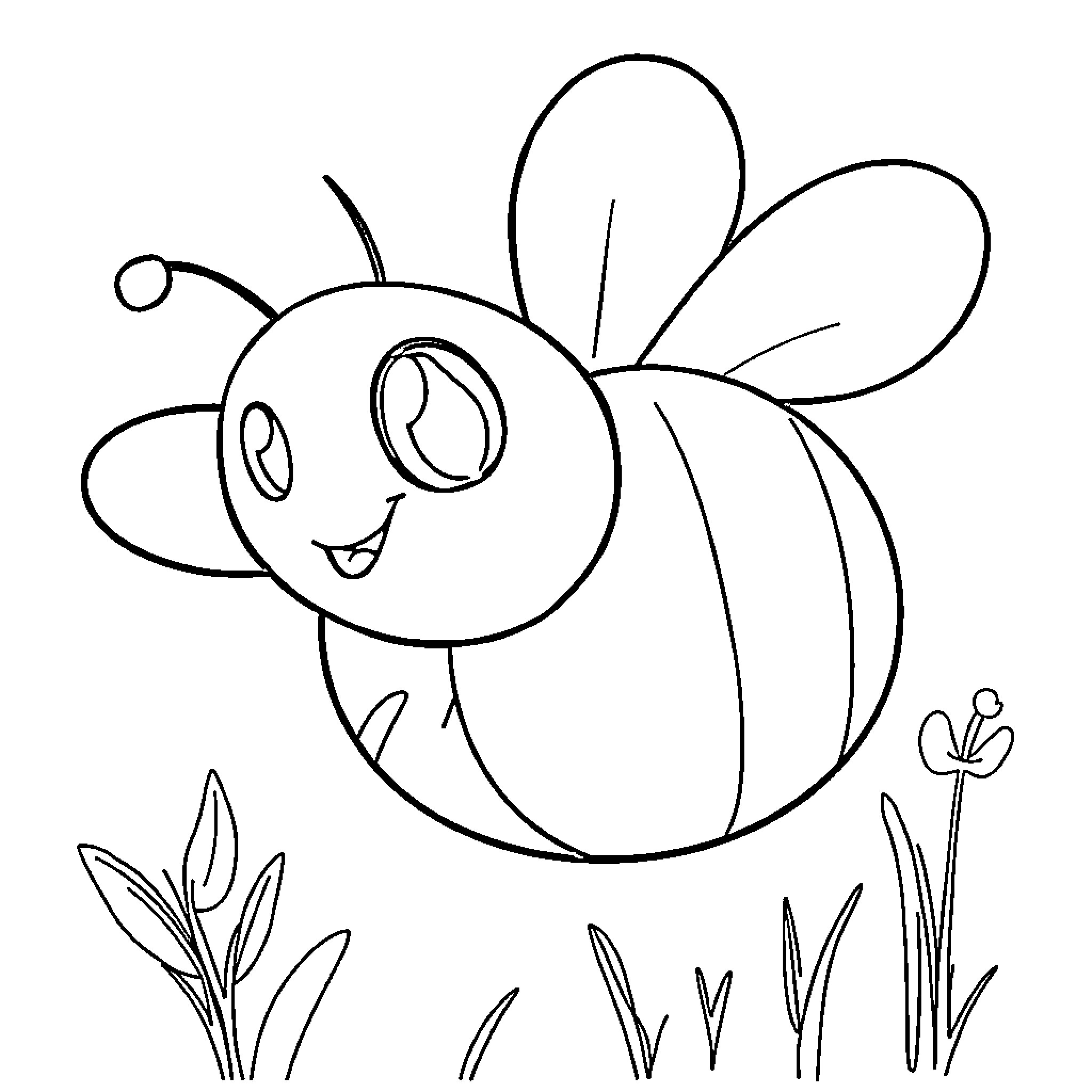 Bee flying happily in the garden Coloring Page (free black-and-white line drawing printable PDF for all, from beginners to advanced learners, including children, teens, adults, and seniors)