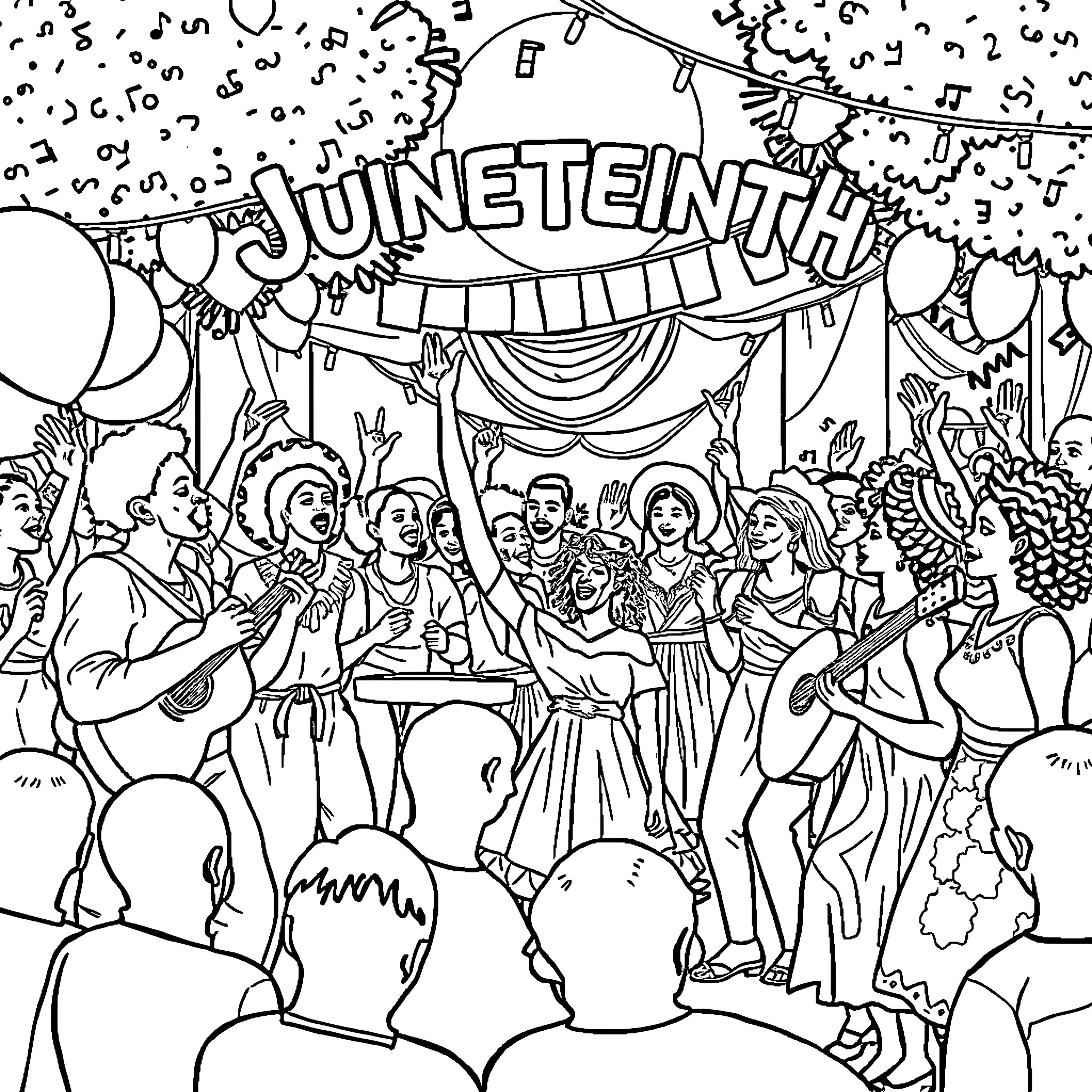 Juneteenth Celebration with Lively Festivities Coloring Page (free black-and-white line drawing printable PDF for all, from beginners to advanced learners, including children, teens, adults, and seniors)