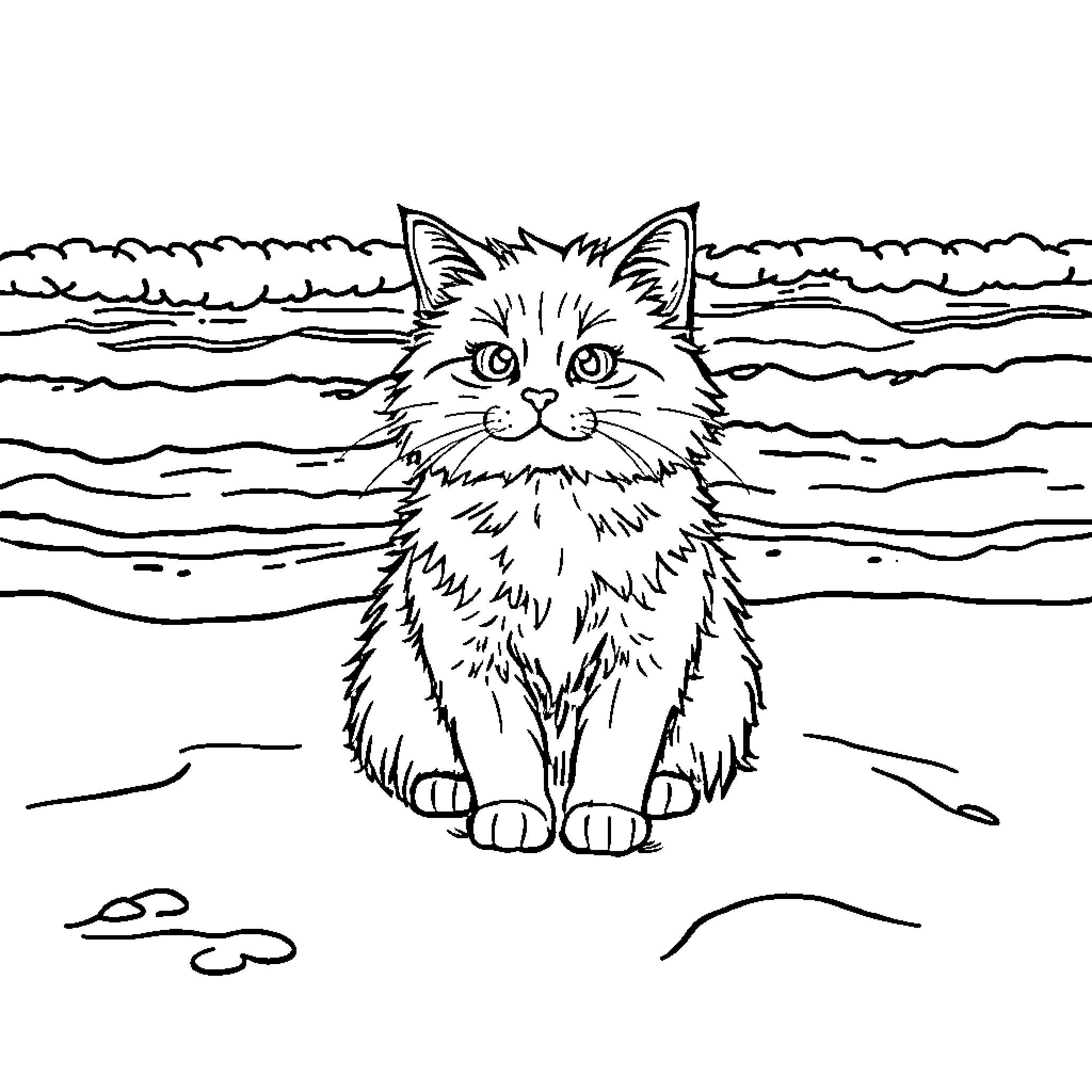 Cat sitting in a peaceful landscape Coloring Page (free black-and-white line drawing printable PDF for all, from beginners to advanced learners, including children, teens, adults, and seniors)