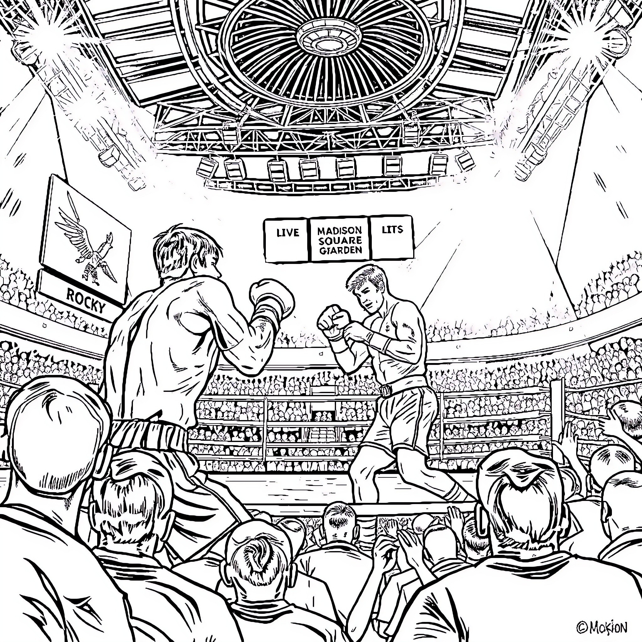 Rocky's Intense Boxing Match at Madison Square Garden Coloring Page (free black-and-white line drawing printable PDF for all, from beginners to advanced learners, including children, teens, adults, and seniors)