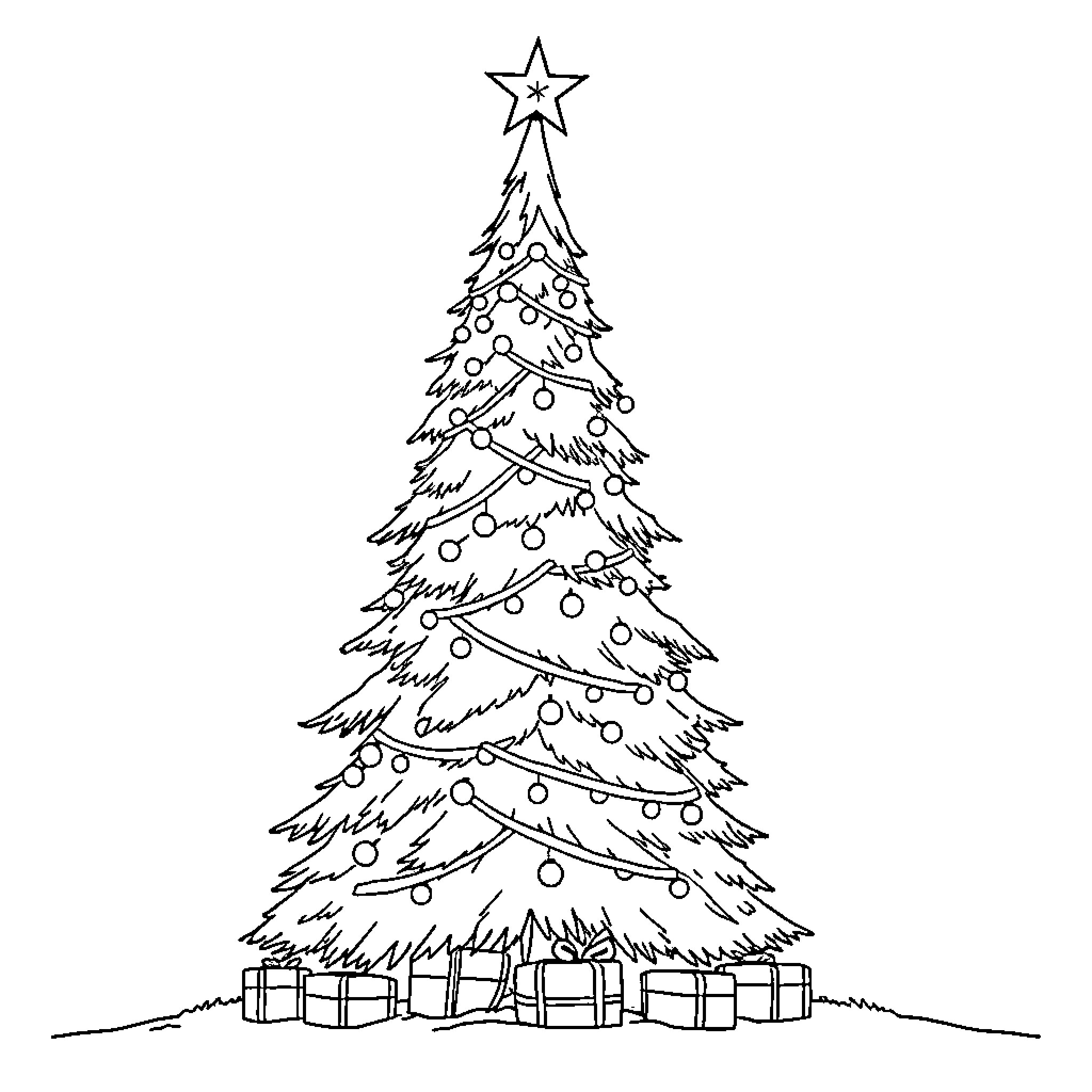 Sapin with Decorative Ornaments and Presents Coloring Page (free black-and-white line drawing printable PDF for all, from beginners to advanced learners, including children, teens, adults, and seniors)